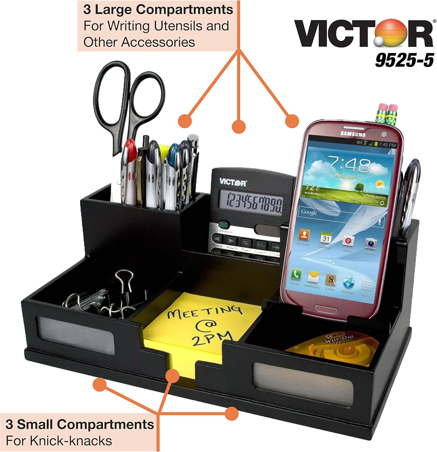 Victor Wood Desk Organizer with Smart Phone Holder, Midnight Black, 9525-5 Pack of 2
