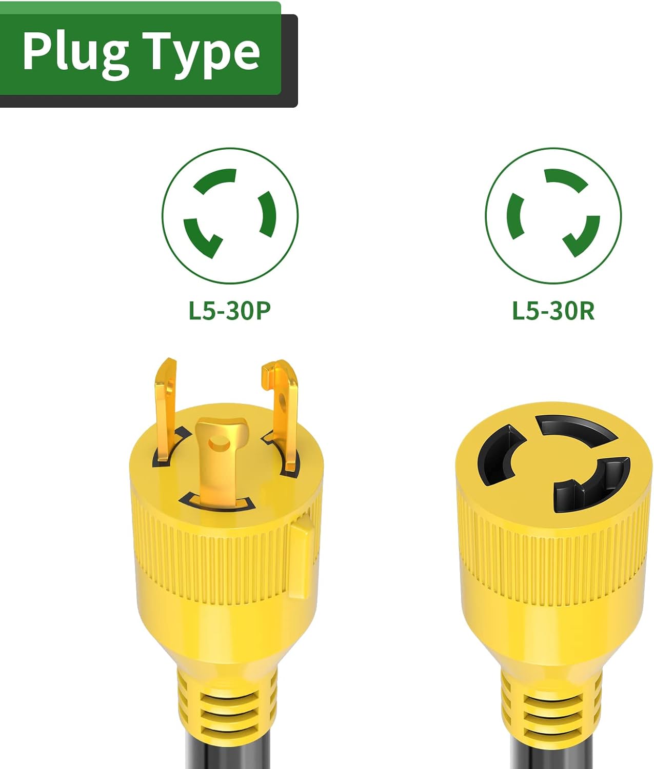RVGUARD 3 Prong 30 Amp 20 Feet Generator Extension Cord, NEMA L5-30P/L5-30R 125V 10 Gauge SJTW Generator Power Cord, ETL Listed Pack of 2