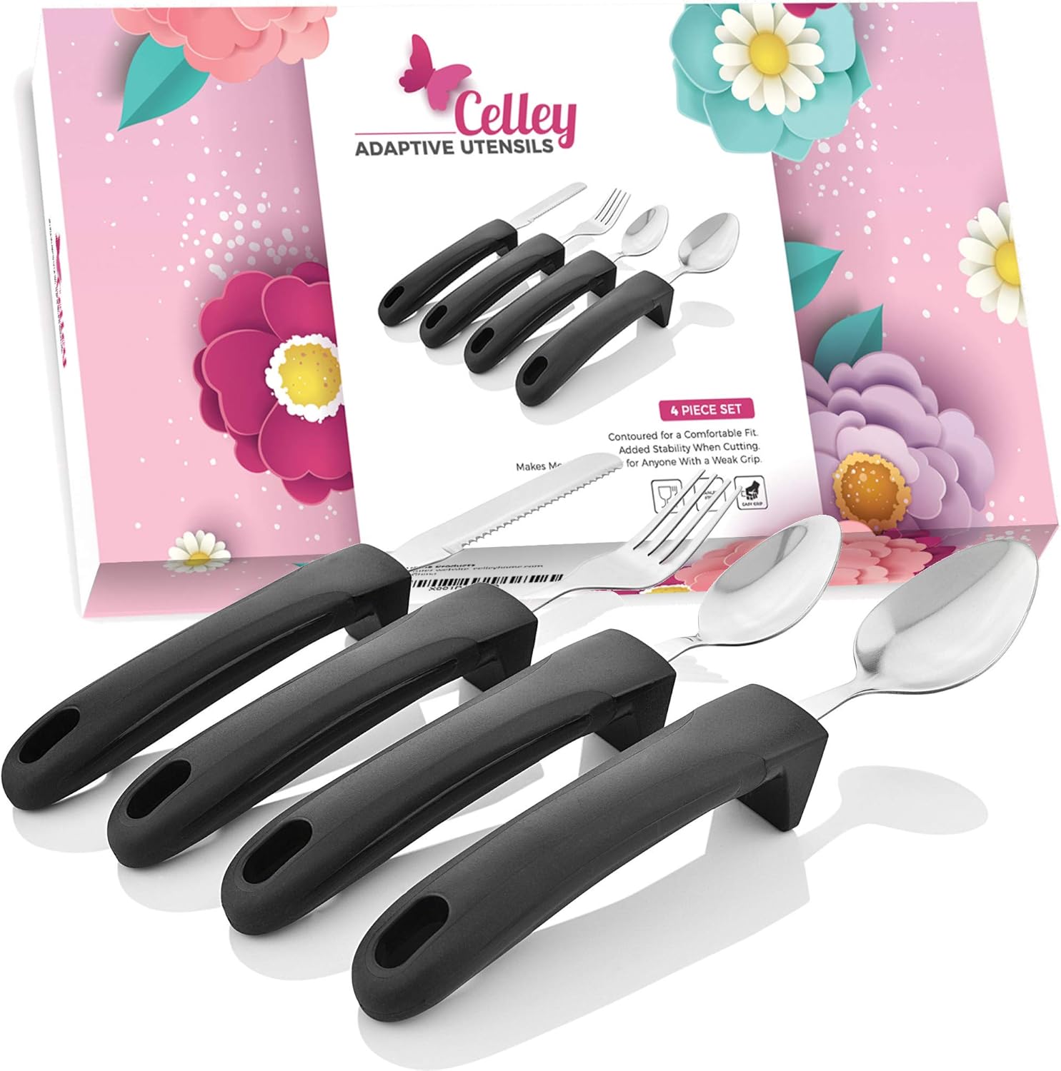 Adaptive Eating Utensils by Celley for Parkinson's, Arthritis, MS, Elderly, Hand Tremors, Handicapped | 4pc Easy Grip Silverware Stainless Steel Knife, Fork, 2 Spoons &ndash; (Black)