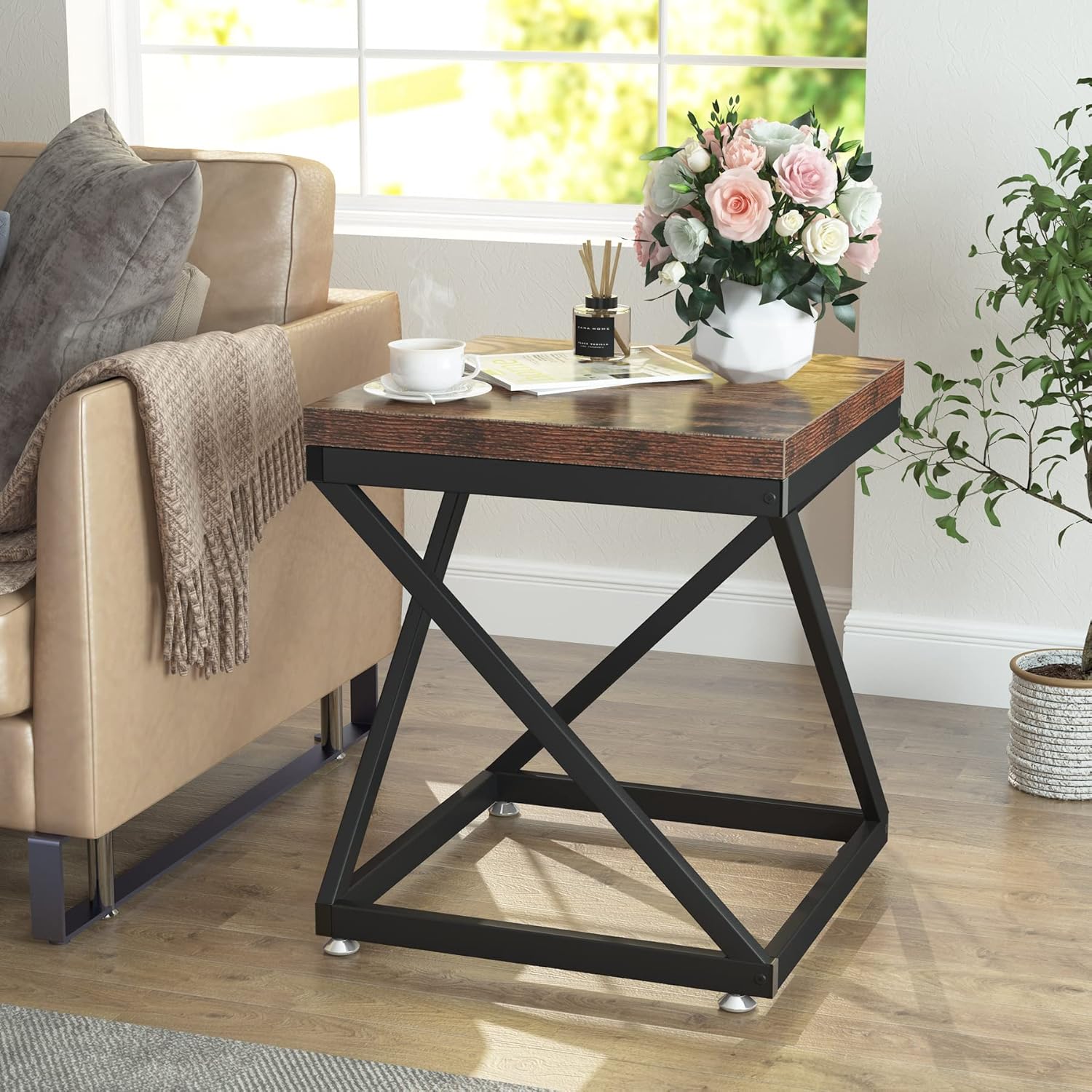 Tribesigns Industrial End Table, Wood Side Table for Living Room, Accent Bedside Table with Thicken Board and Z-Shaped Base for Bedroom & Small Spaces, Rustic Brown Pack of 2