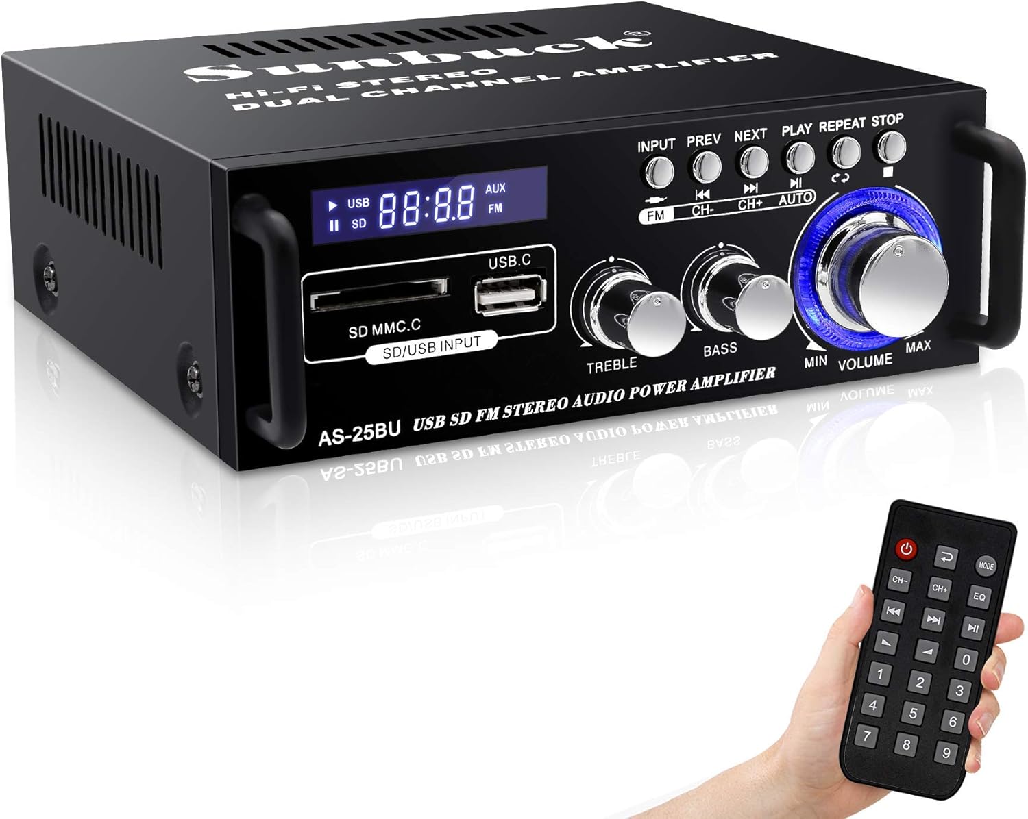 180W Wireless Bluetooth Stereo Amplifier, Sunbuck Dual Channel Sound Power Audio Receiver w/USB, SD Card, FM Radio for Home Theater Entertainment Speakers with Remote Control (AS-25BU) Pack of 2