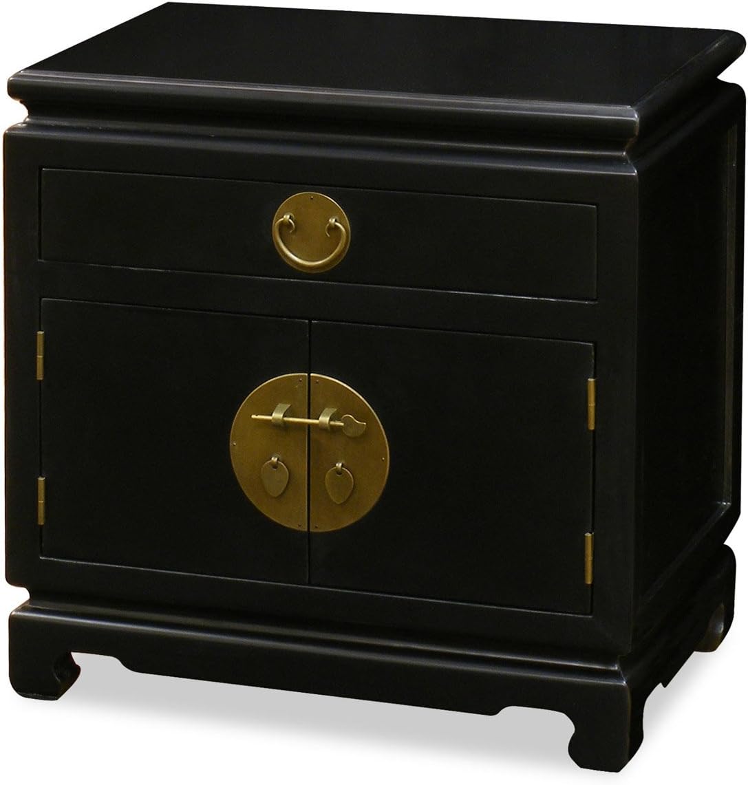 China Furniture Online Elmwood Chinese End Cabinet, Ming Style with Brass Hardware in Matte Black