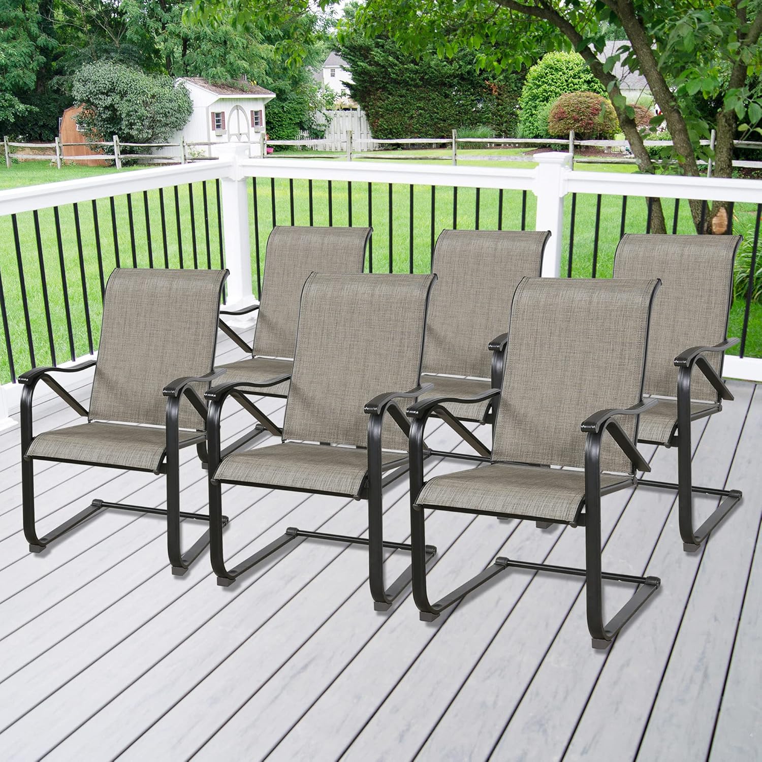 Iwicker Patio C Spring Motion Dining Chairs Armchair Outdoor Mesh Fabric Rocking Chairs Set of 6 with High Back