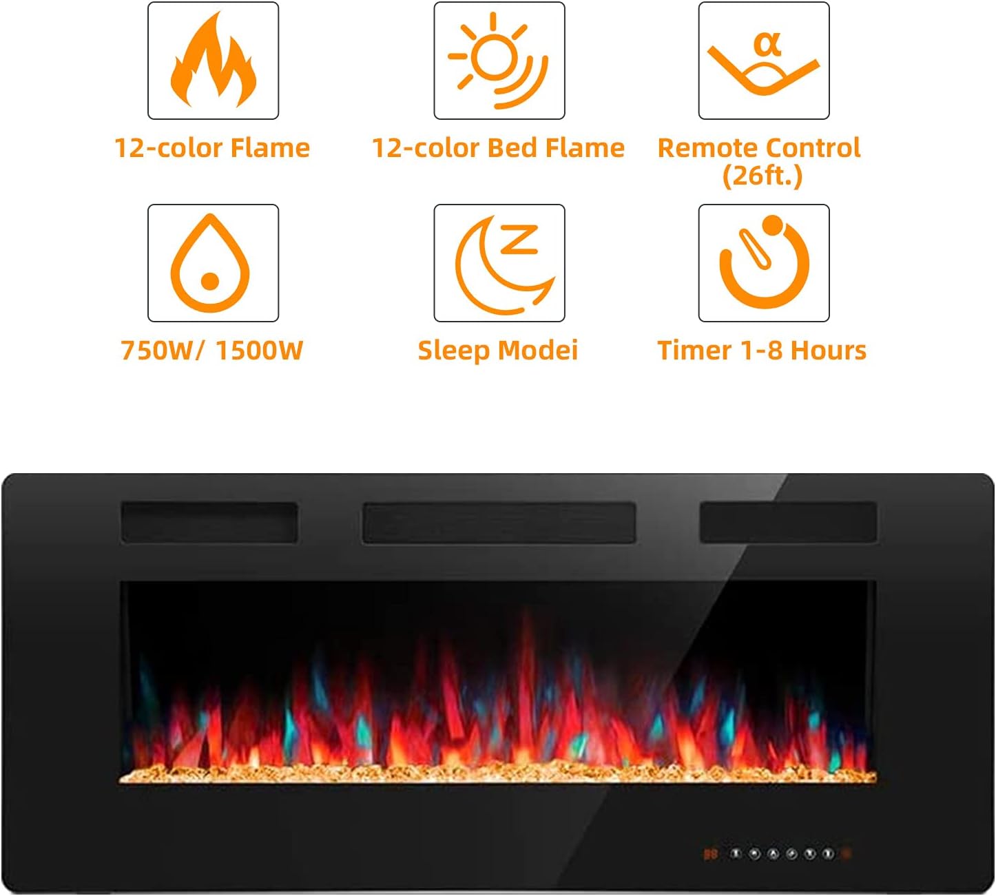 Crzoe 36 Inch Electric Fireplace, Recessed and Wall Mounted Fireplace Heater, Remote Control & Touch Panel, Timer, Adjustable Flame Color and Speed, 750w/1500w.