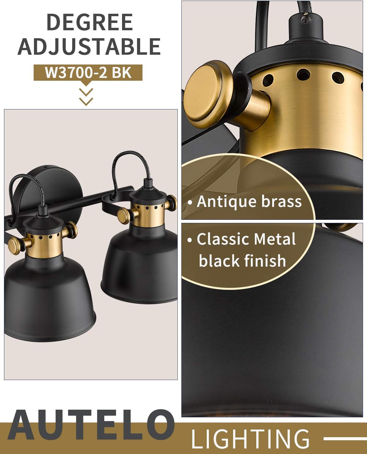 Autelo 2-Light Bathroom Vanity Light Fixture, Adjustable Wall Sconce with Black Metal Shade for Bathroom Kitchen W3700-2 BK