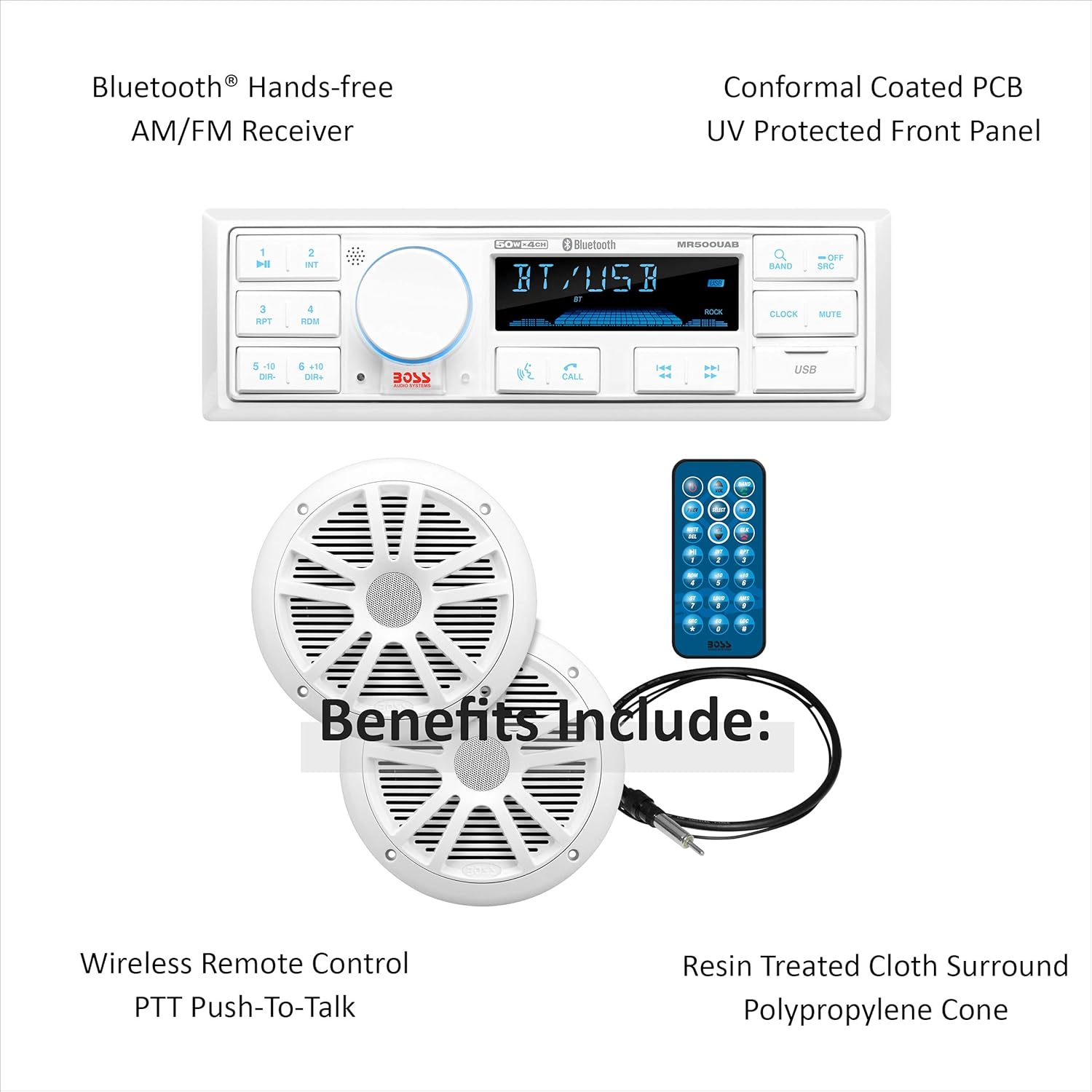 BOSS Audio Systems MCK500WB.6 Marine Receiver & Speaker Package - Weatherproof, Bluetooth Audio, USB, MP3, AM/FM, Aux-in, 6.5 Inch Speakers, Marine Dipole Antenna