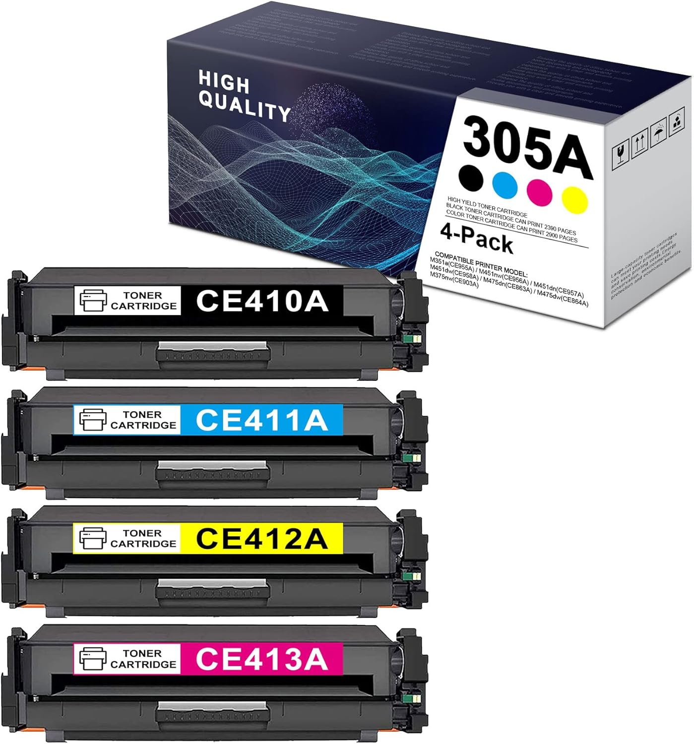4 Pack 305A CE410A CE411A CE412A CE413A (1BK+1C+1M+1Y) Compatible Toner Cartridge Replacement for HP M451dn M451dw M375nw M351a M475dw M451nw M475dn Printer Toner