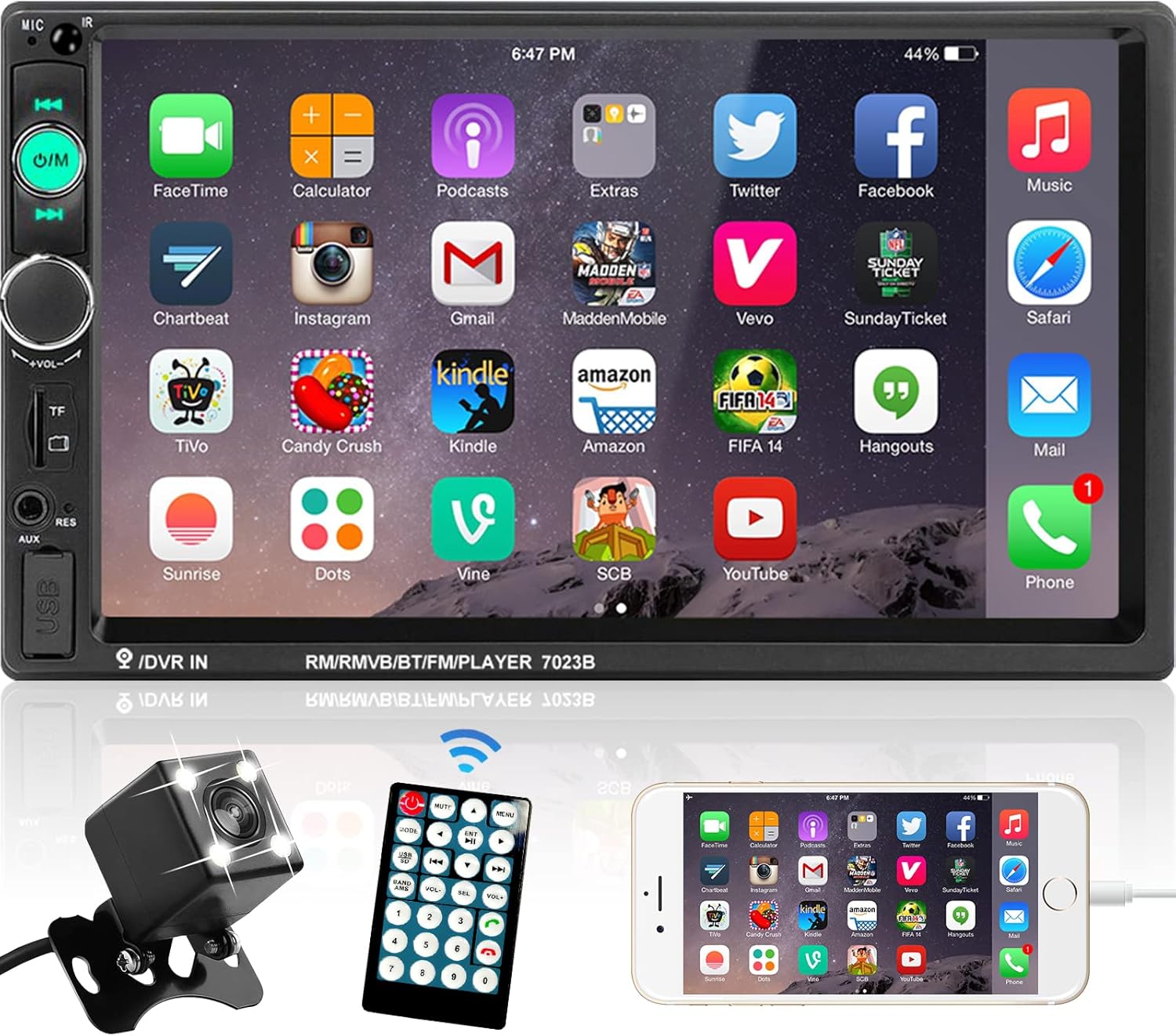 Podofo Double Din Car Stereo Radio 7 Inch Touch Screen Bluetooth Handsfree Mirror Link USB SD FM Audio Receiver with Backup Camera Wireless Remote Control Steering Wheel Control