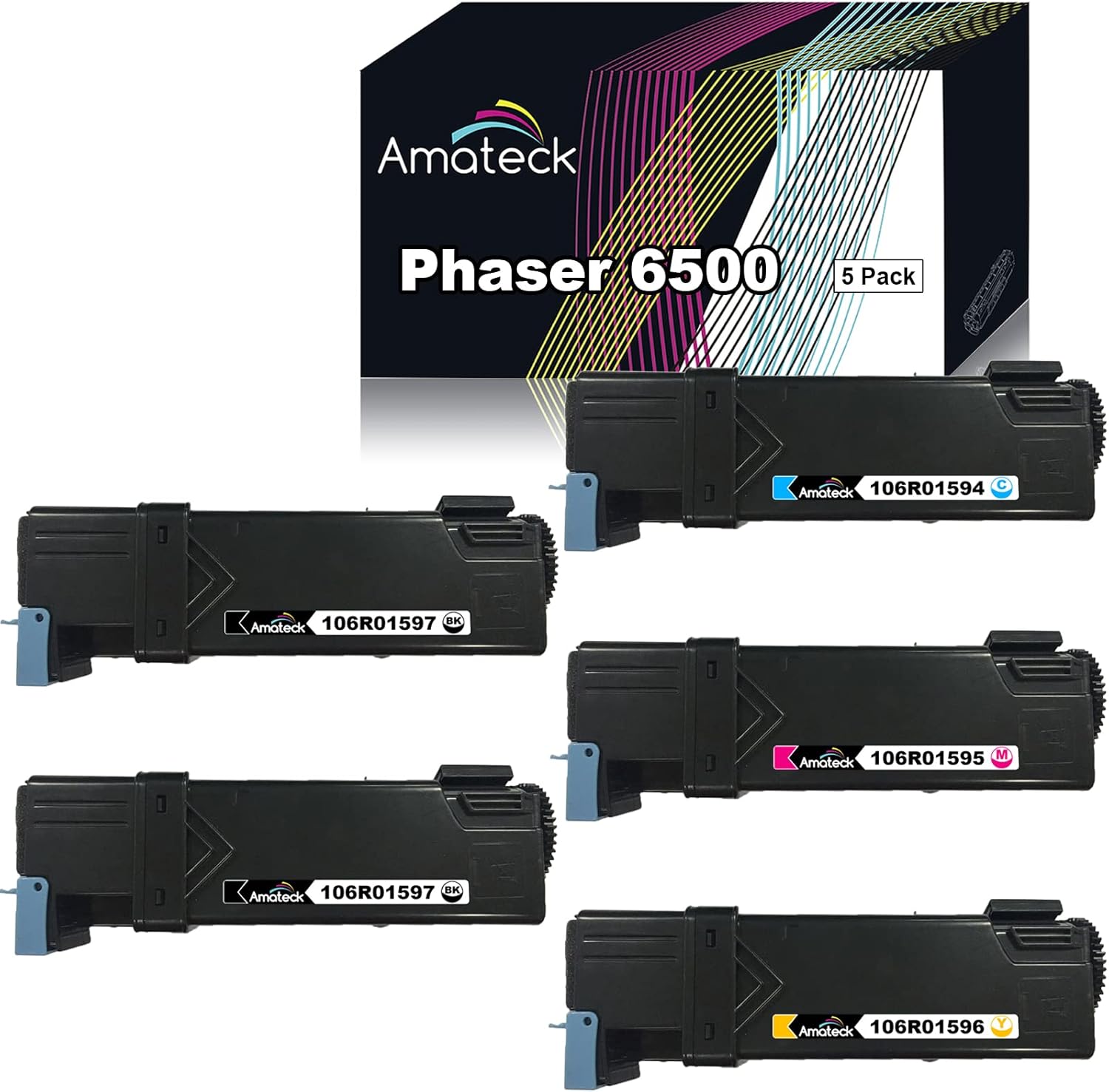 Amateck Compatible Toner Cartridge Replacement for Xerox 106R01594 106R01595 106R01596 106R01597 5 Pack for Phaser 6500, Phaser 6500/DN, Phaser 6500N, WorkCentre 6505