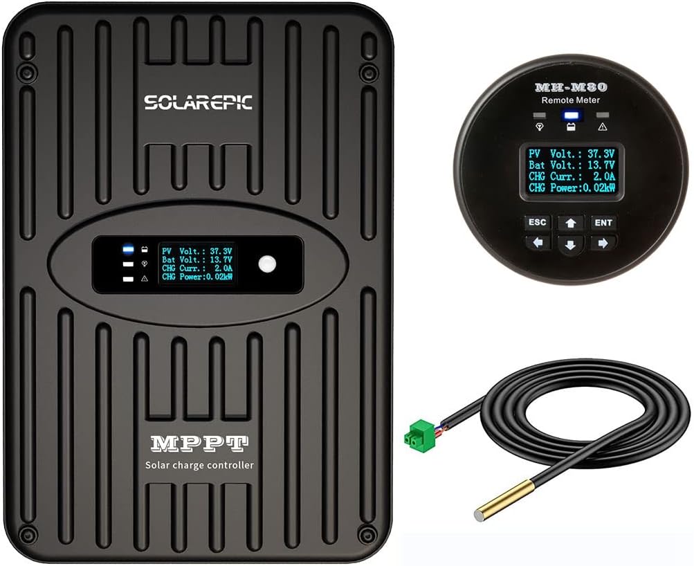 SolarEpic 60A MPPT Solar Charge Controller 150V PV Input 12V/24V Battery System 840W/1680W Solar Panel Controller W/ MH-M80 Meter + Temperature Sensor Works with Lead-Acid & Lithium Batteries