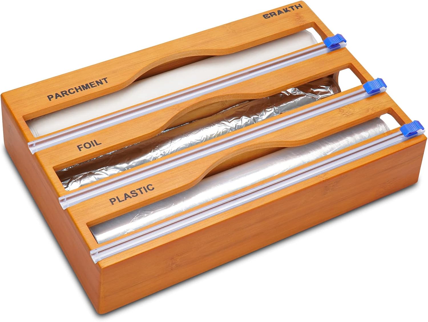 CRAKTH Bamboo Plastic Wrap Dispenser with Cutter, 3-in-1 Storage Organizer for Aluminum Foil & Cling Film & Parchment Paper Pack of 2