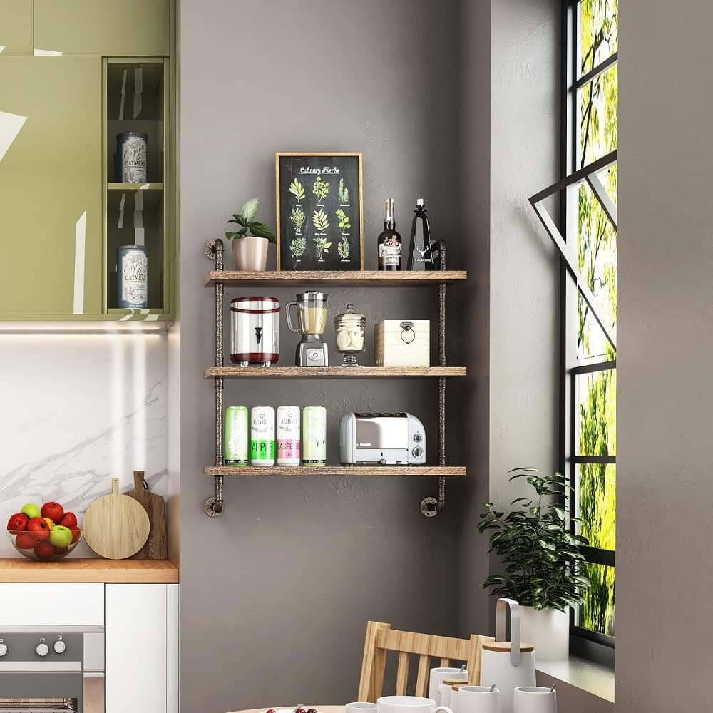 Helsin 3 Tier Industrial Pipe Shelf Rustic Wood Floating Shelves,Wall Display Bookshelf,Storage Rack Sundries Holder for Kitchen Office Bathroom Organization and Home Decor (32inch)