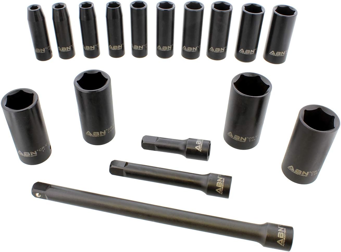 ABN Impact Socket Set &ndash; 17 Piece 1/2 Inch Deep Impact Driver Sockets and Extension Bars, 6 Point SAE Socket Set