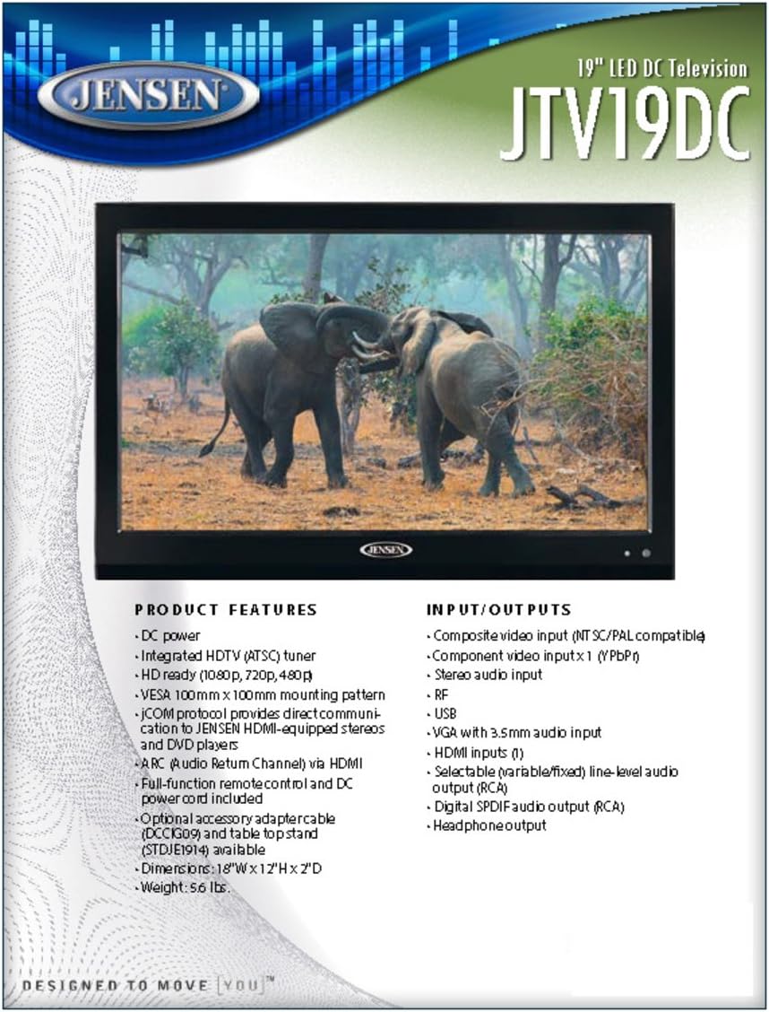 Jensen JTV19DC HD Ready 19 Inch 12V DC RV LED TV with Integrated HDTV (ATSC) Tuner, HD Ready (1080p, 720p, 480p), 1366 x 768 Full HD, Dual Function Wireless Remote Control, Black