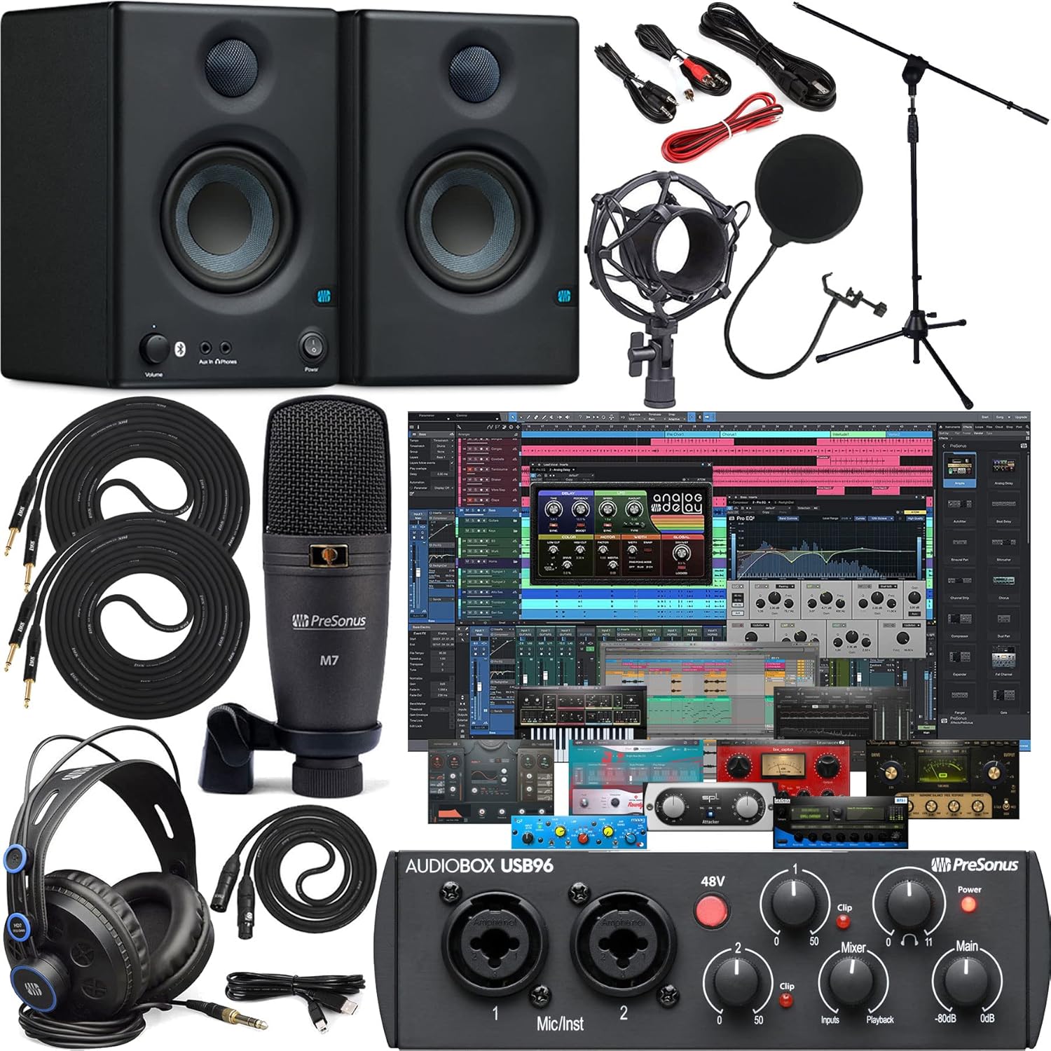 Presonus AudioBox 96 Studio Audio Interface with Creative Software Kit and Studio Bundle and Eris E4.5 BT Pair Studio Bluetooth Monitors with and 1/4 Cables