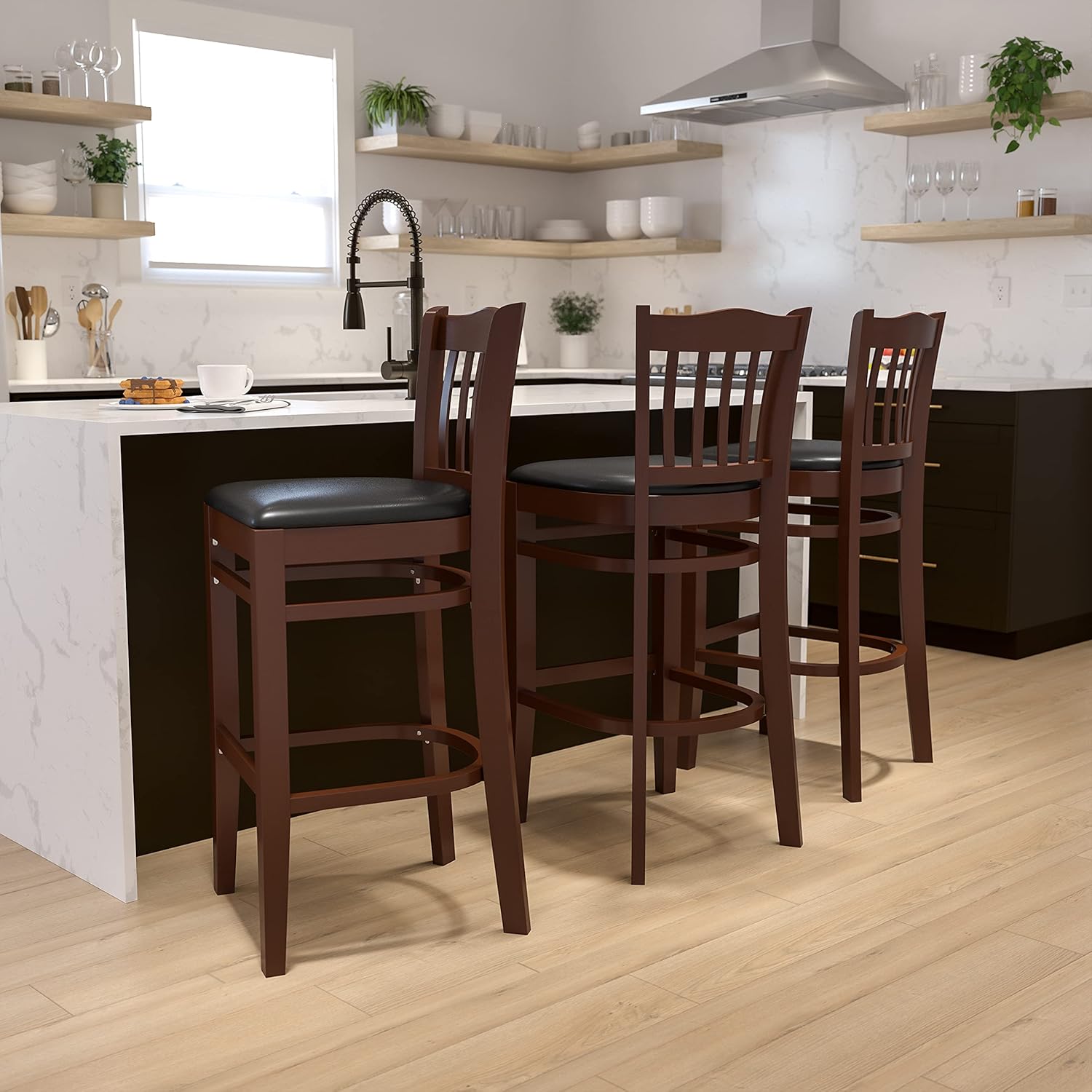 Flash Furniture HERCULES Series Vertical Slat Back Cherry Wood Restaurant Barstool - Black Vinyl Seat