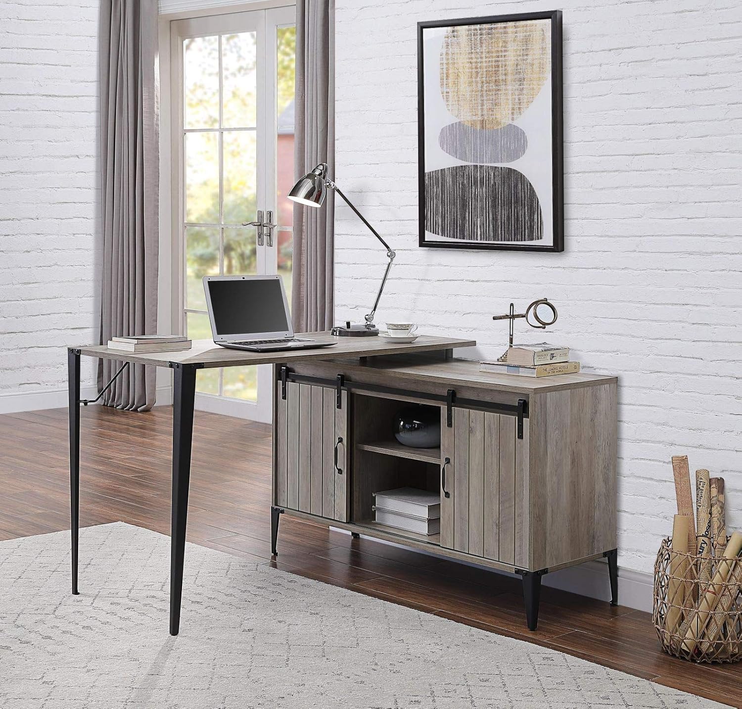 PovKeever Zakwani Writing Desk,Gray Oak & Black Finish