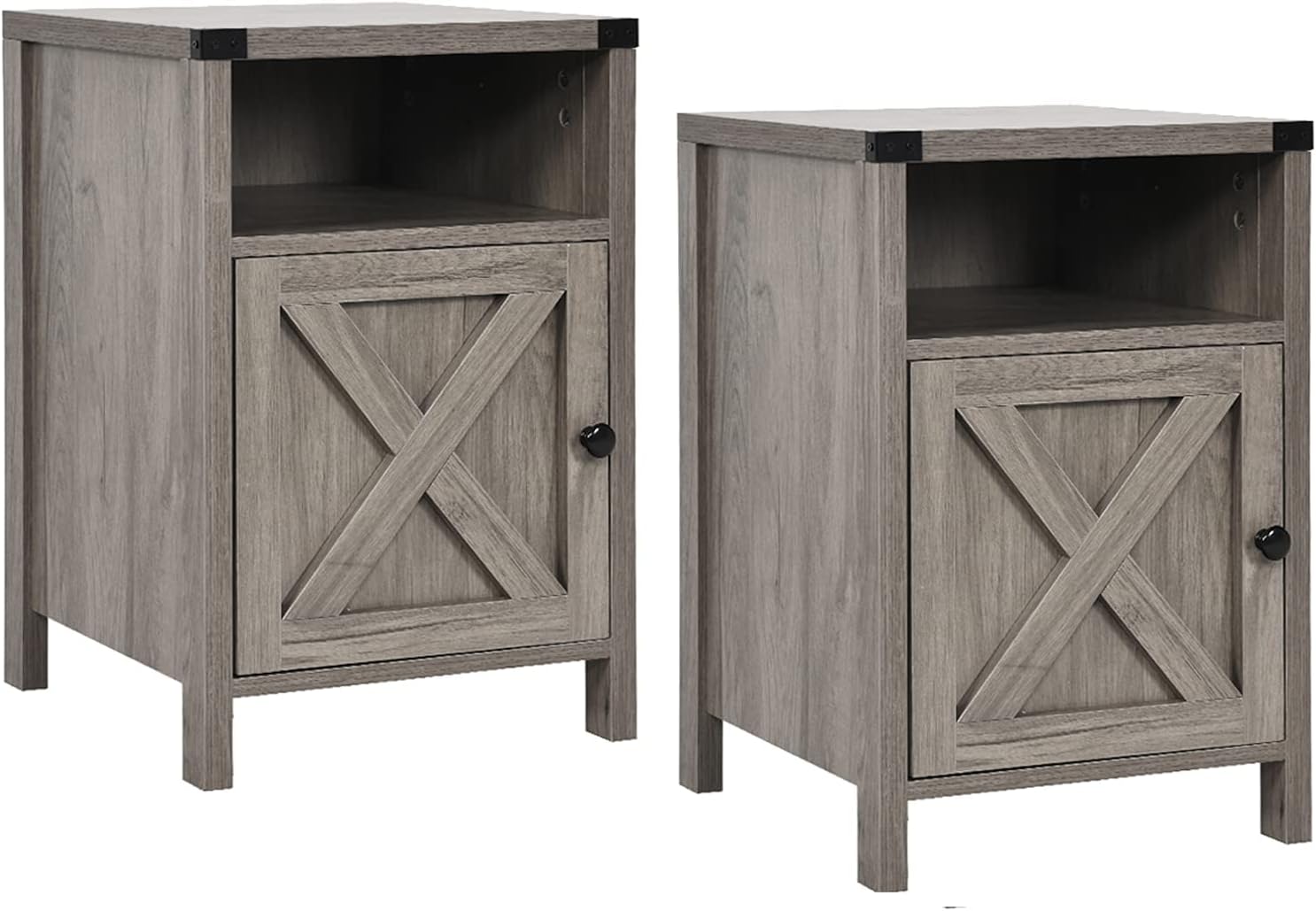 Farmhouse Nightstand Set of 2 with Storage Space, Industrial End Table Set for Bedroom, Rustic Night Stand, Living Room Modern Accent Table, Wood Bed Side Table with Shelf and Barn Door, Set of 2