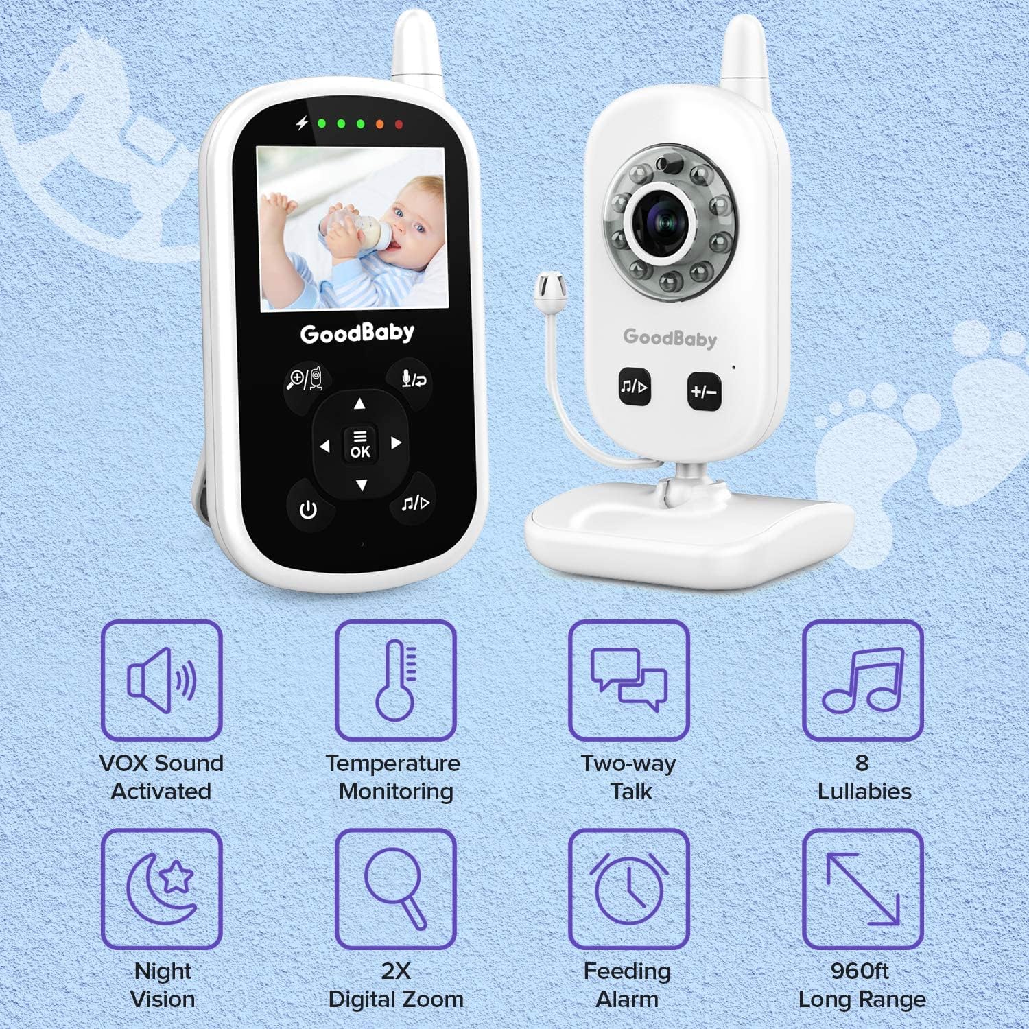 Video Baby Monitor with Camera and Audio - Auto Night Vision,Two-Way Talk, Temperature Monitor, VOX Mode, Lullabies, 960ft Range and Long Battery Life (version2) Pack of 2