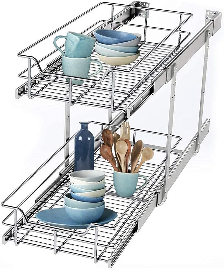STORKING Pull Out Organizer Single Wire Basket Shelf Sliding Drawer Storage for Kitchen Base Heavy Duty Cabinets, 11”W x 22”D Cabinet Opening Wire Frame Chrome Plating Finish Pack of 2