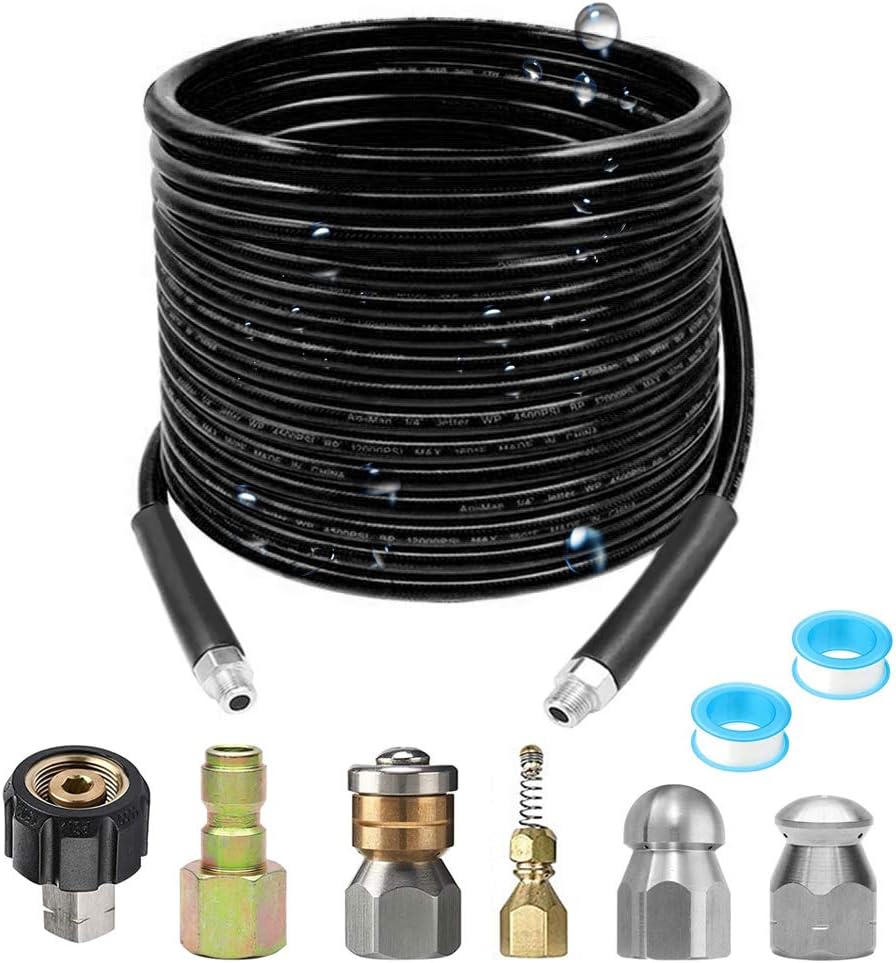 Selkie Pressure Washer Sewer Jetter Kit - 100Ft Hydro Drain Jetter Cleaner Hose, Corner, Rotating and Button Nose Sewer Jetting Nozzle Waterproof Tape,Orifice 4.0 4.5,1/4 Inch NPT,5800 PSI Pack of 2