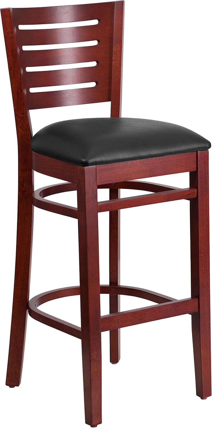 Flash Furniture Darby Series Slat Back Walnut Wood Restaurant Barstool - Black Vinyl Seat