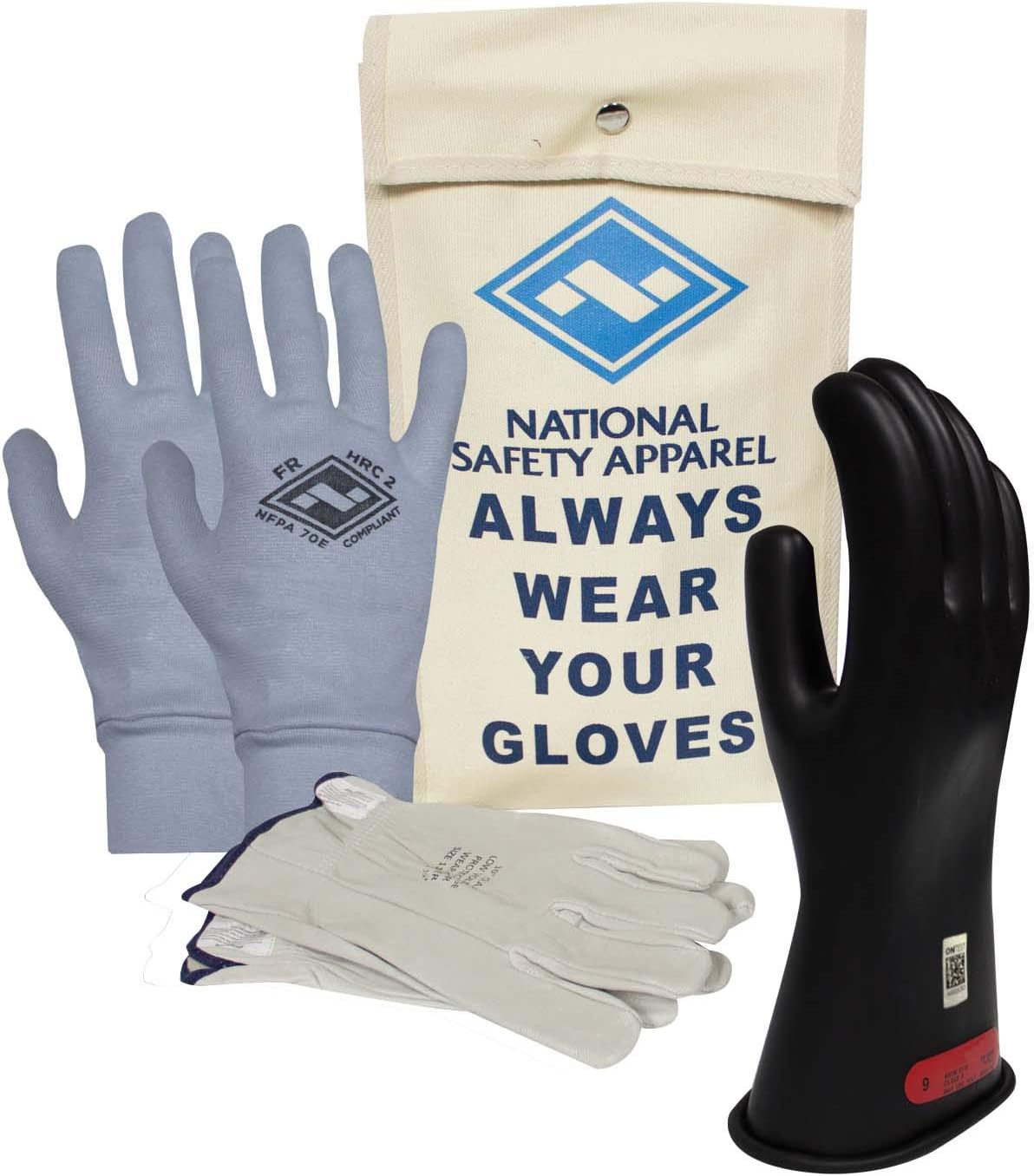 National Safety Apparel Class 0 Black Rubber Voltage Insulating Glove Premium Kit with FR Knit Glove and Leather Protectors, Max. Use Voltage 1,000V AC/ 1,500V DC (KITGC009AG)