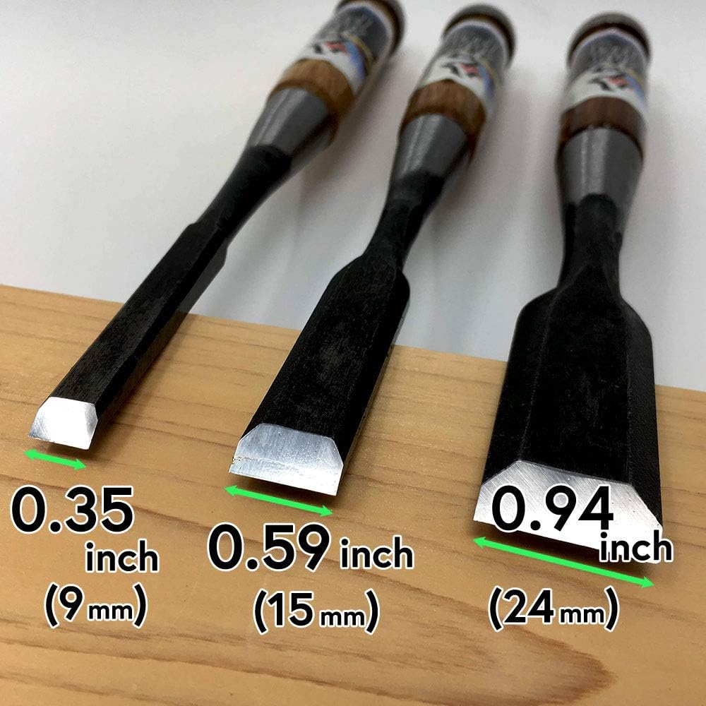 HACHIEMON 3-piece Wood Chisel Set 9mm 15mm 24mm Japanese Oire Nomi for Woodworking