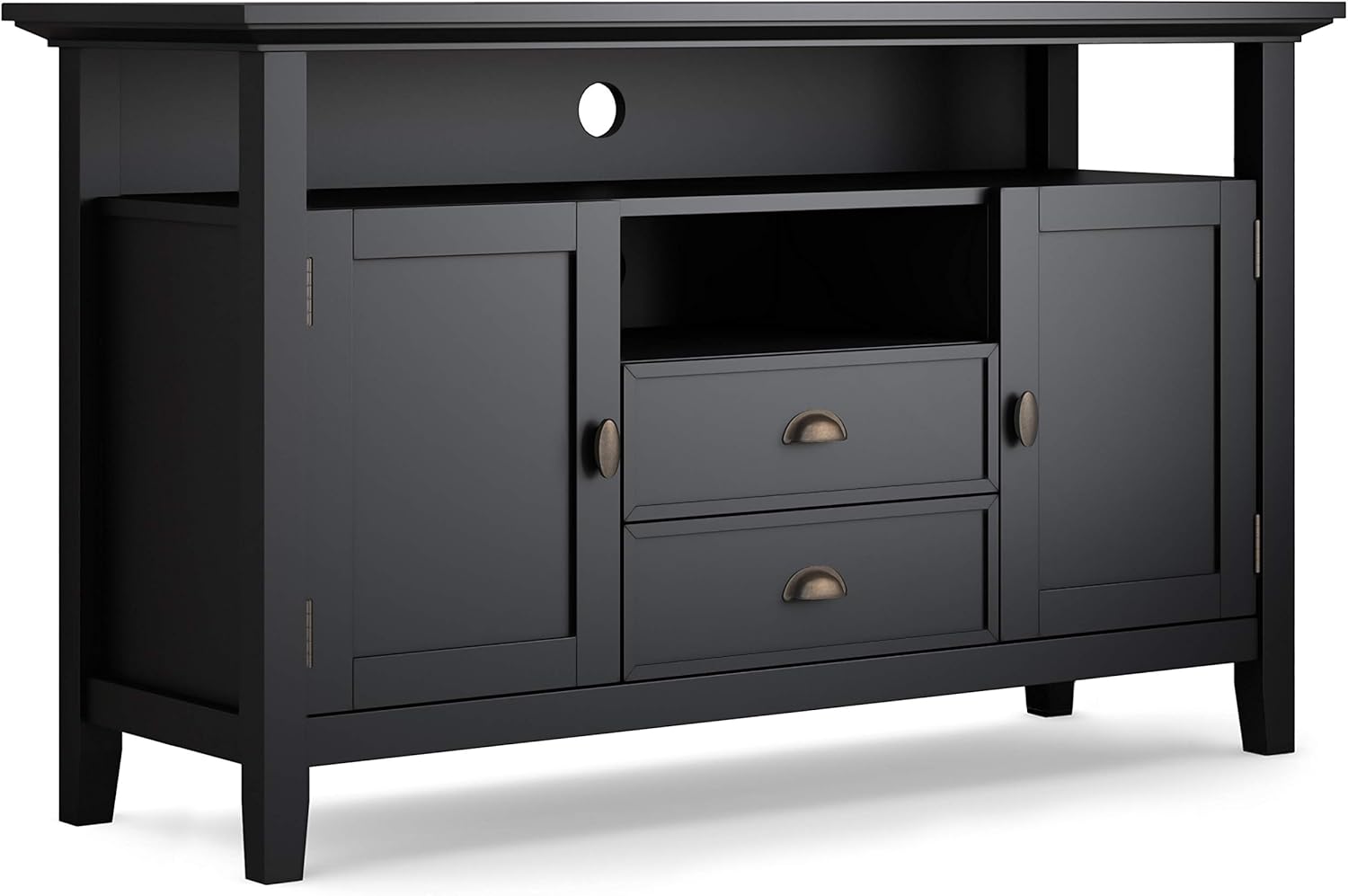 SIMPLIHOME Redmond SOLID WOOD Universal TV Media Stand, 72 inch Wide , Farmhouse Rustic, Living Room Entertainment Center, Storage Shelves and Cabinets, for Flat Screen TVs up to 60 inches in Black