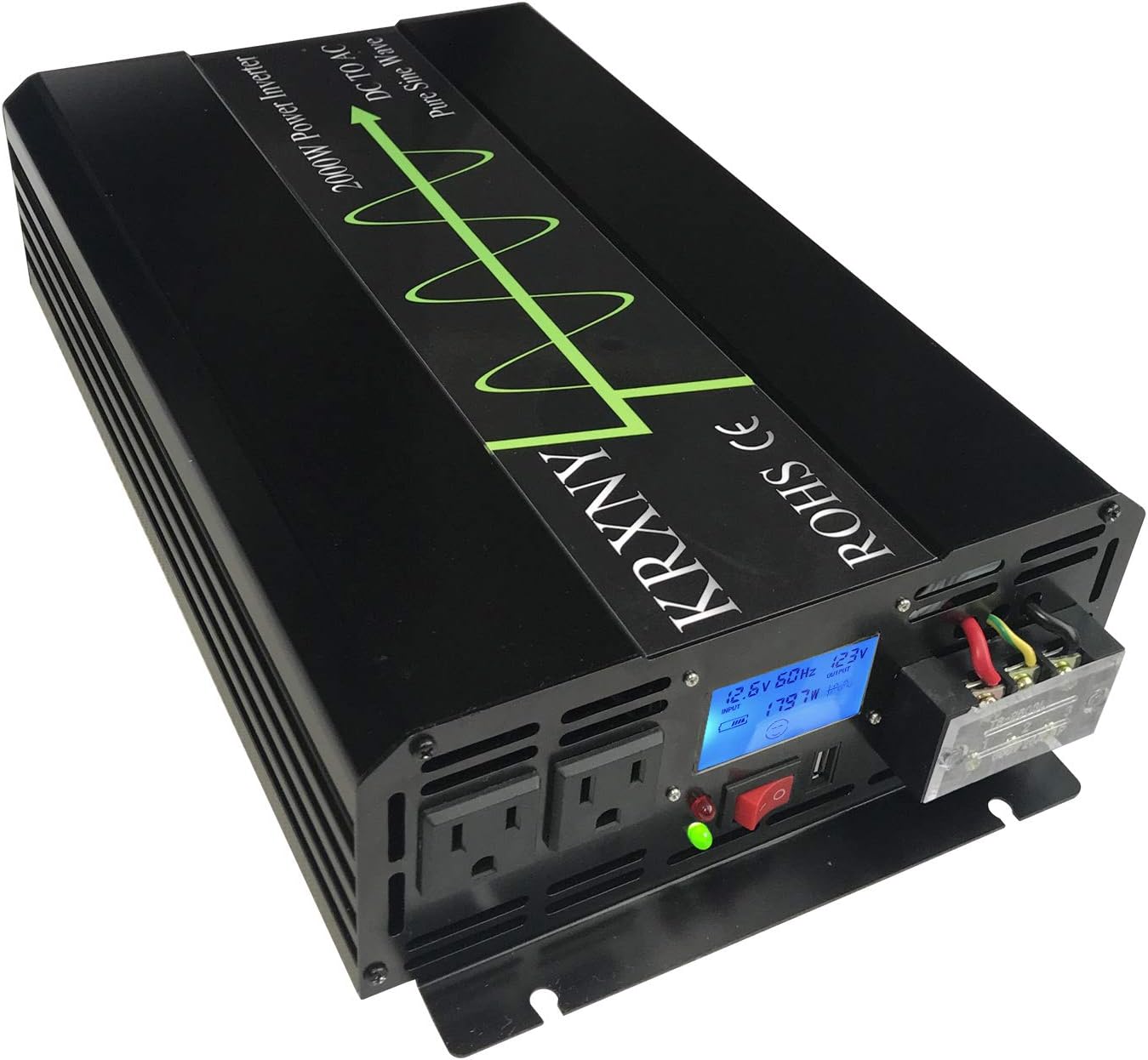 KRXNY 2000W Off Grid Pure Sine Wave Power Inverter 12V DC to 120V AC 60HZ Converter for Home Car Use with LCD Display USB Port