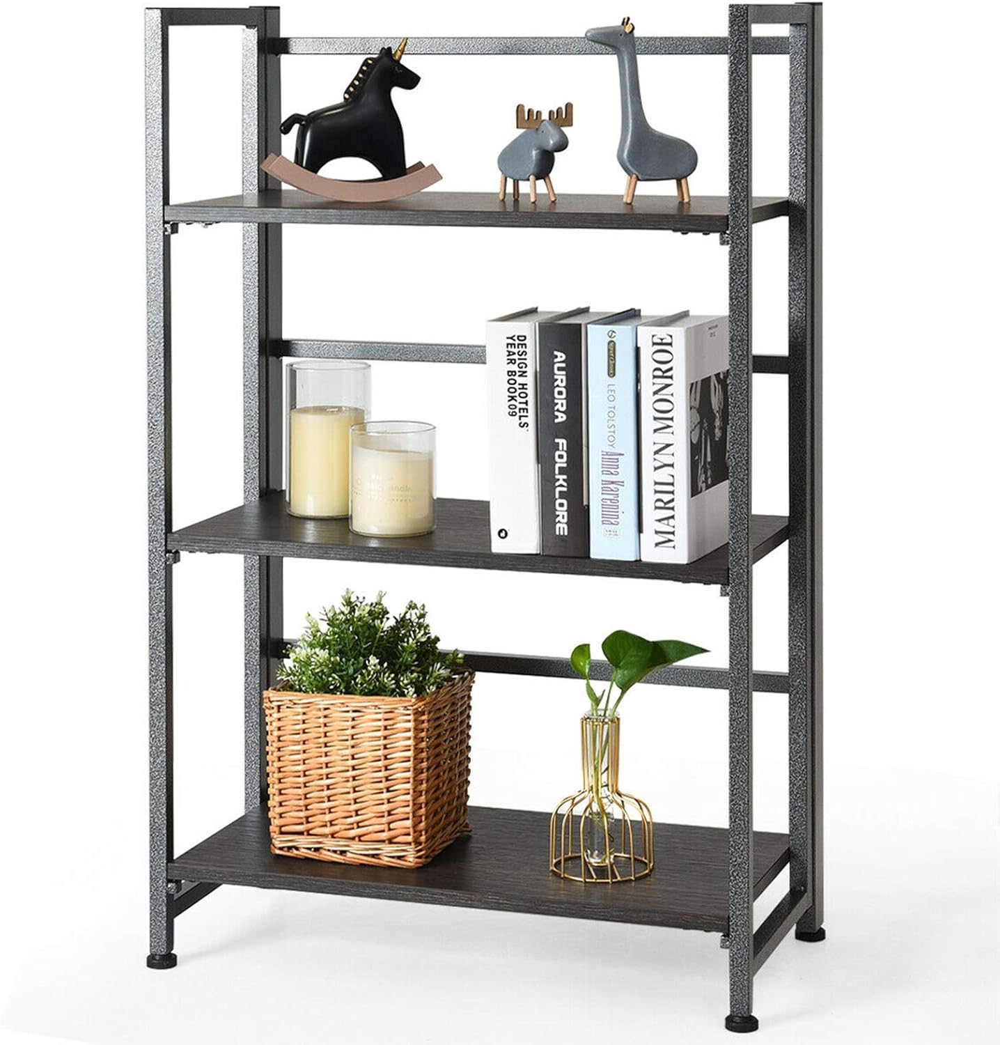 LIVIZA 3 Tier Folding Bookshelf Rack Vintage Bookcase Storage Rack Shelf, Metal Frames Standing Bookshelf, Industrial Book Shelf Unit, Open Back Modern Office Bookcases for Living Room Office (Silver)