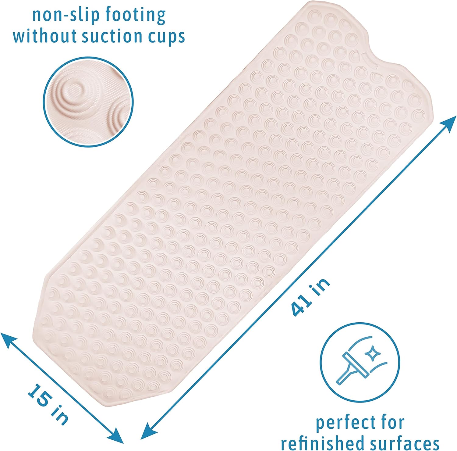 No Suction Cup Bathmat, Bath mat for refinished Bathtub, Safe for All Ages, 41x15 Inch Bath Mat, Machine Washable, Rectangular Design, Made in Italy