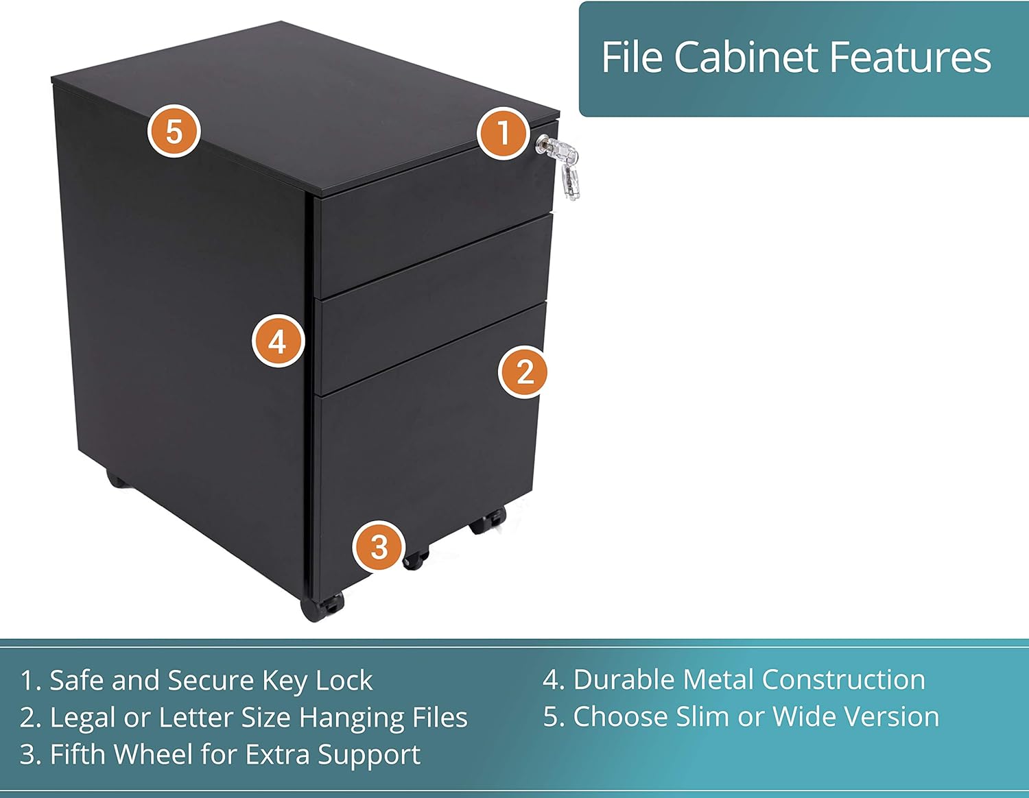 Stand Up Desk Store 3 Drawer Under Desk Lockable Rolling File Cabinet with Stable 5 Wheel Design (Black, Wide)