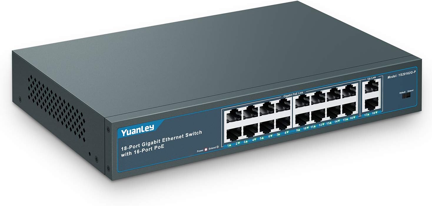 YuanLey 18 Port Gigabit PoE Switch, 16 PoE+ Port 1000Mbps, 2 Gigabit Uplink, 250W 802.3af/at, Metal Desktop/Rackmount, Unmanaged Plug and Play Network Switch