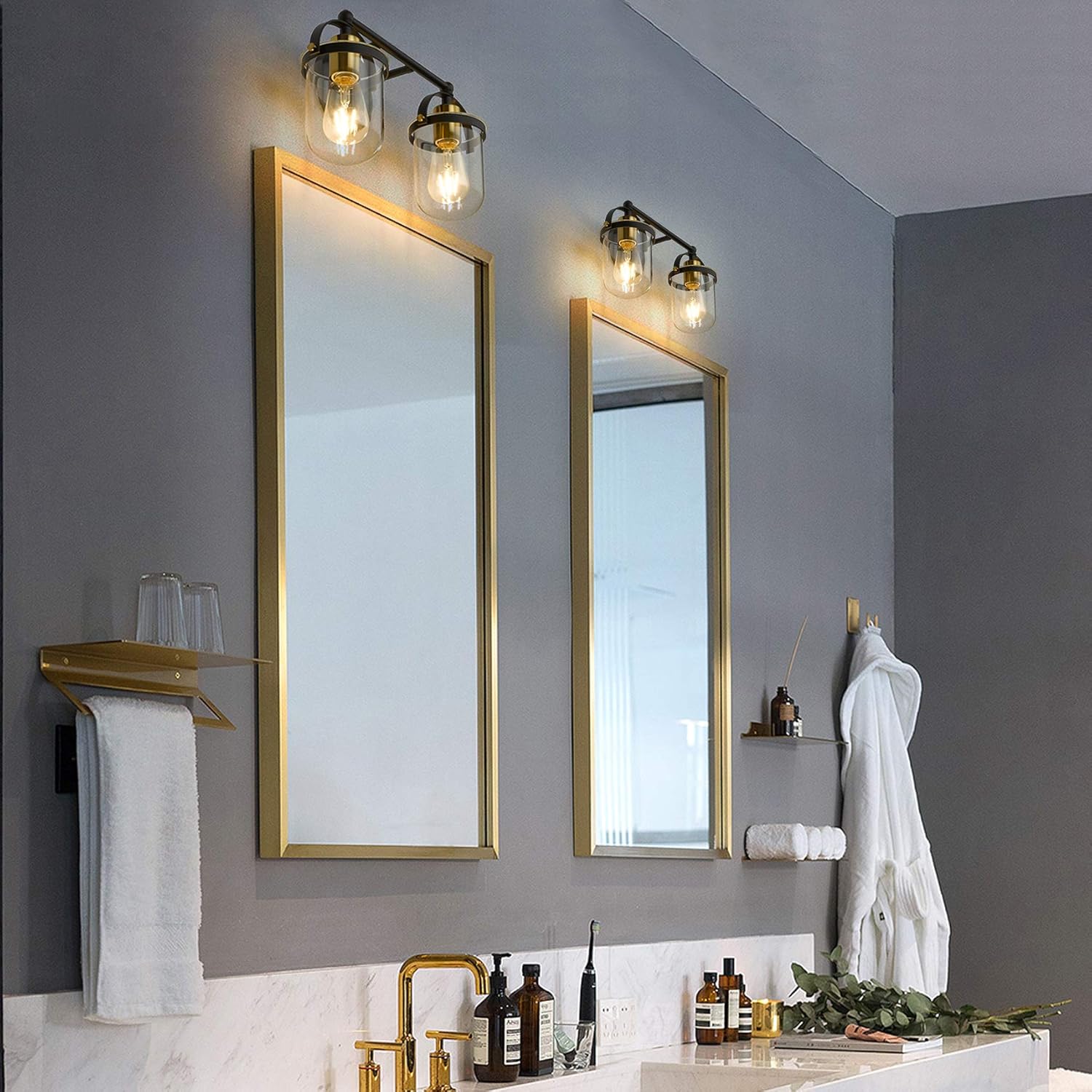 DSMJFU Bathroom Vanity Light Fixtures Over Mirror Black and Gold Metal Transparent Glass Wall Sconce 2 Lights E26 Sockets