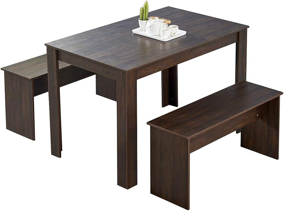 HomeSailing Wooden Dining Table and 2 Benches Set 3 Pieces Kitchen Dining Room Furniture Seats for 4 People Small Space Dinette Set (White)