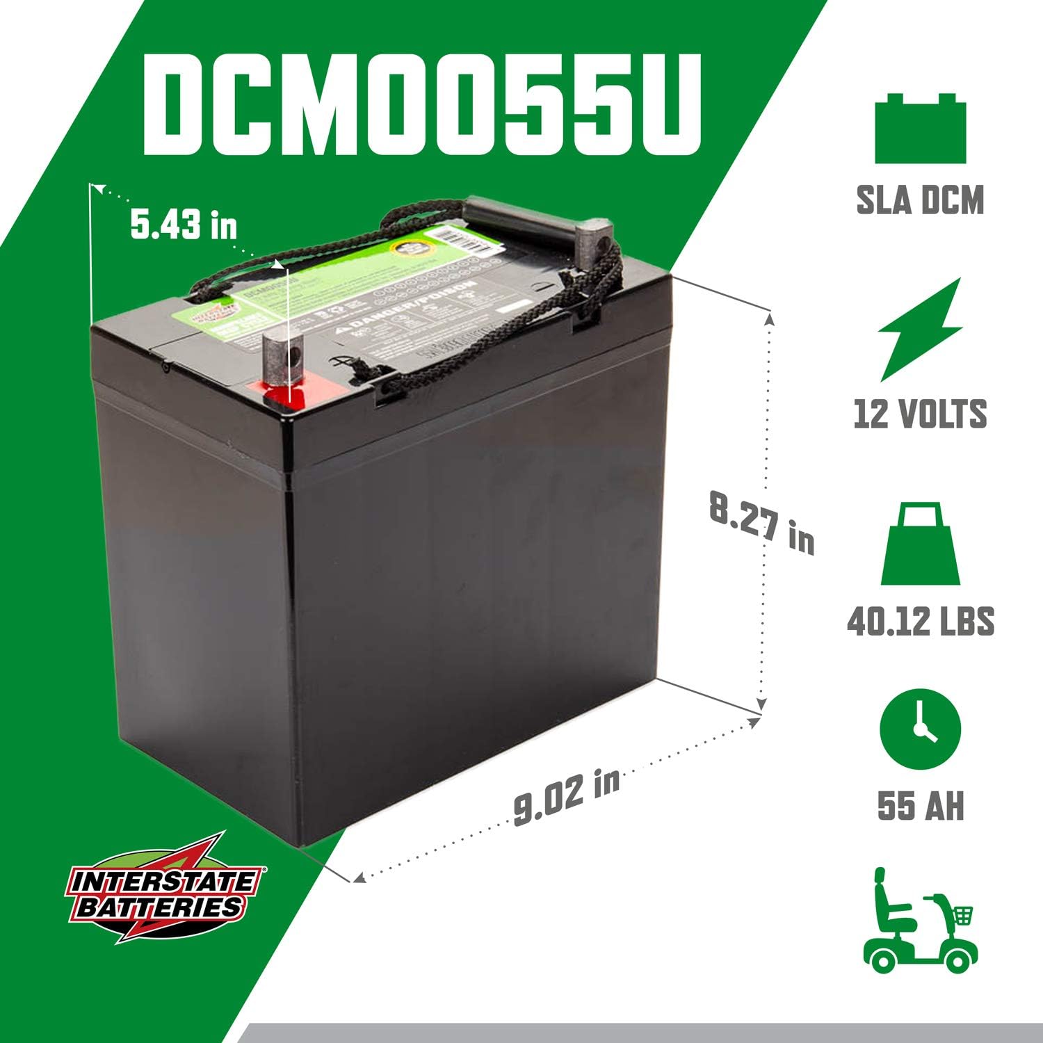 Interstate Batteries 12V 55Ah Deep Cycle Battery (DCM0055U) Sealed Lead Acid Rechargeable SLA AGM (UT Terminal) ATVs, Scooters, Wheelchairs, Trolling Motors