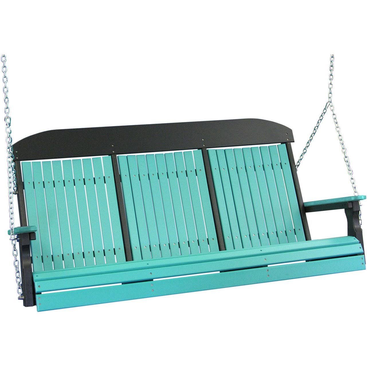 LuxCraft 5& Highback Recycled Plastic Porch Swing, Aruba Blue on Black