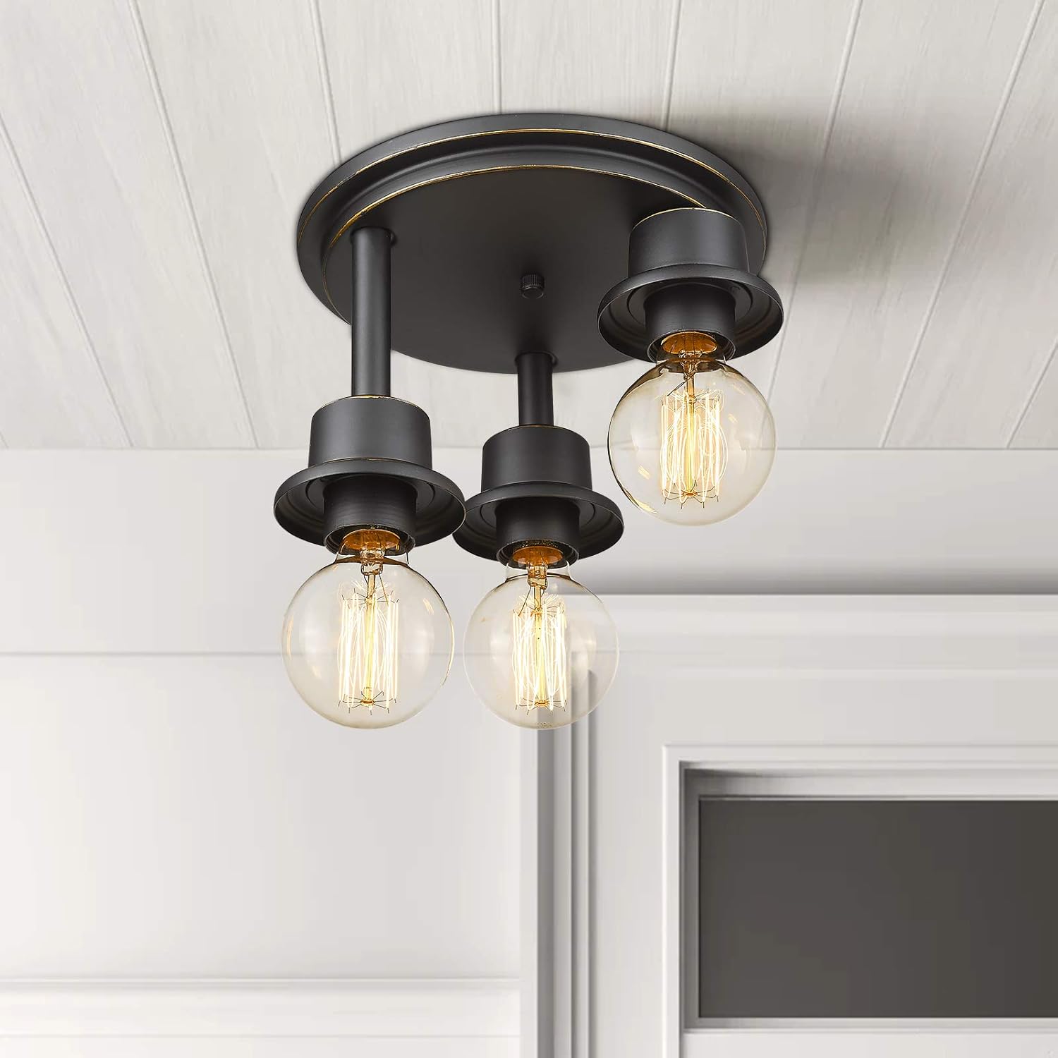 Emliviar Farmhouse Ceiling Light Fixtures 2 Pack - 3-Light Flush Mount Ceiling Lights in Black Finish, WE214F-3W-2PK BG