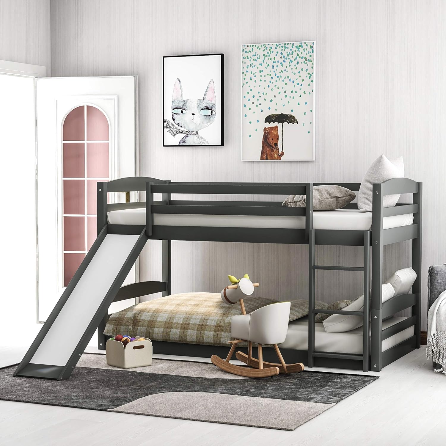 KLMM Twin Over Twin Low Bunk Bed with Slide and Ladder, Solid Wood Bunk Bed Can Be Divided into 2 Separate Beds, Ladder and Slide Can Be Interchanged or Remove, Space-Saving (White-Slide)