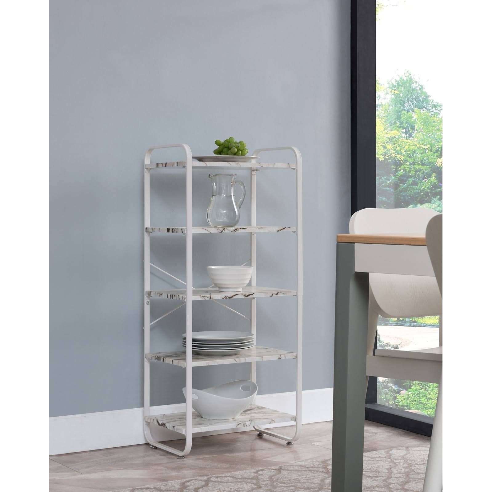 Pilaster Designs Liese Transitional 5 Tier Freestanding Kitchen Bakers Rack with White Metal Frame and Marble Wood