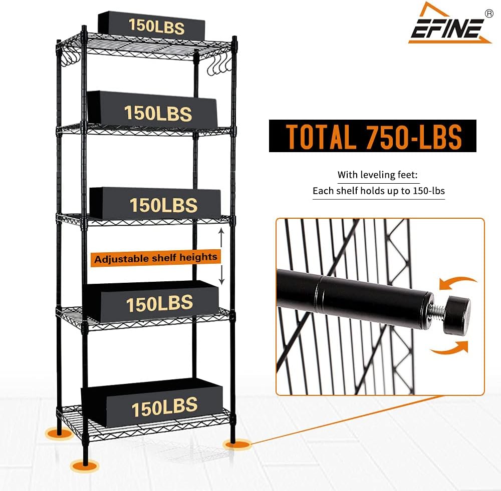 EFINE 2-Pack 5-Shelf Shelving Unit with Hook, NSF Certified, Adjustable, Steel Wire Shelves, 150lbs Loading Capacity Per Shelf, Shelving Units and Storage for Kitchen and Garage (23.6W x 14D x 59H)