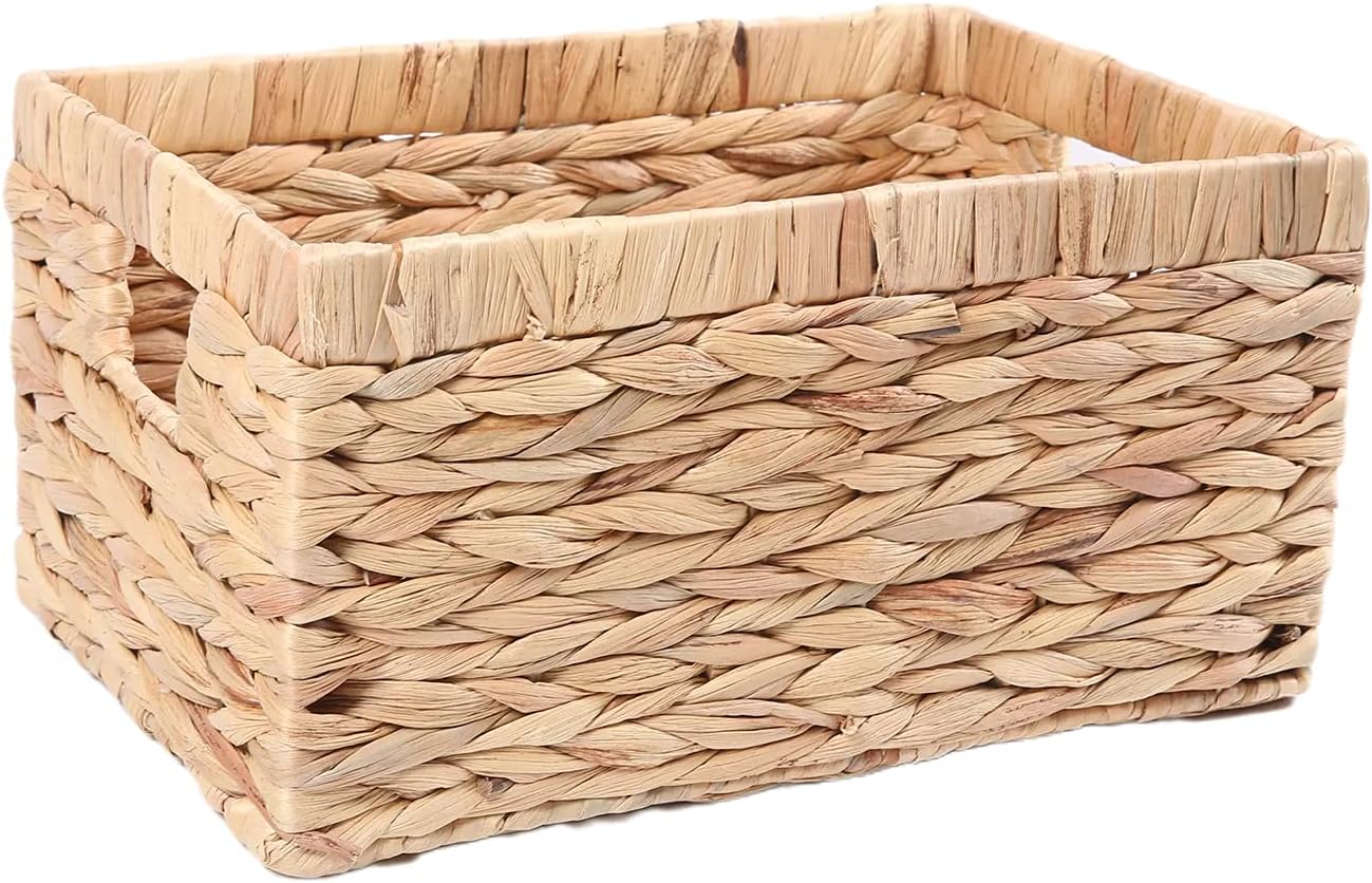 Rectangular Woven Water Hyacinth Storage Baskets with inside Handle for Shelves Bathroom Kitchen Office Desk (Style A) Pack of 2