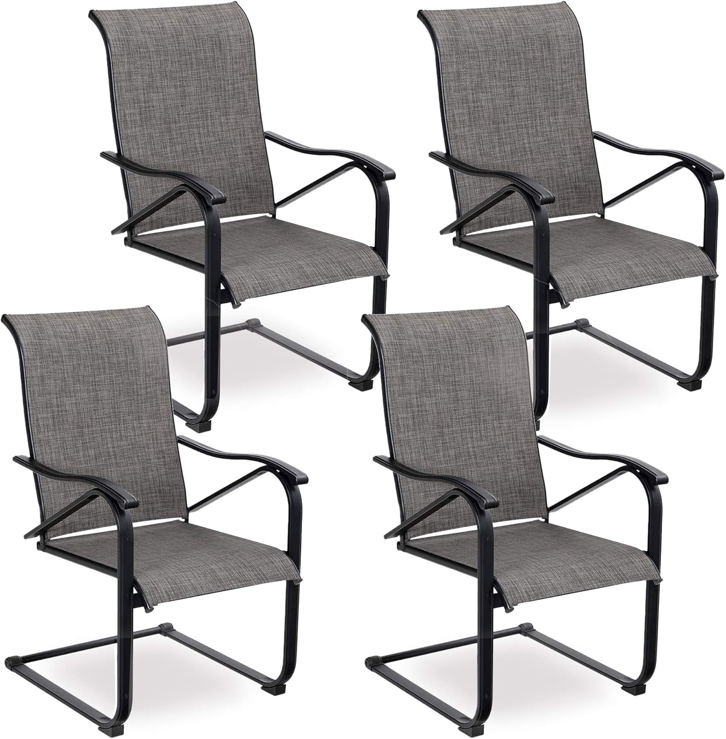 PHI VILLA Patio C Spring Motion Chairs, High Back Metal Fabric Mesh Dining Chair Set for Outdoor, Deck, Porch, Yard - 4 PCS, Grey