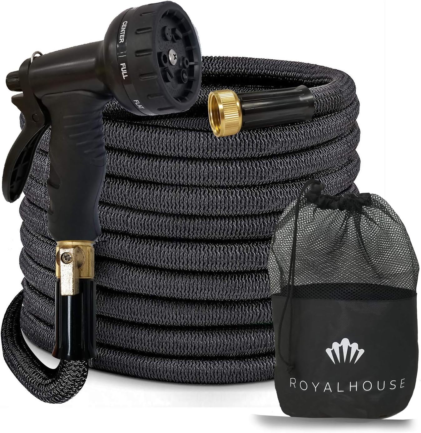 ROYALHOUSE 75 FT Black Expandable Garden Hose Water Hose with 9-Function High-Pressure Spray Nozzle, Heavy Duty Flexible Hose - 3/4