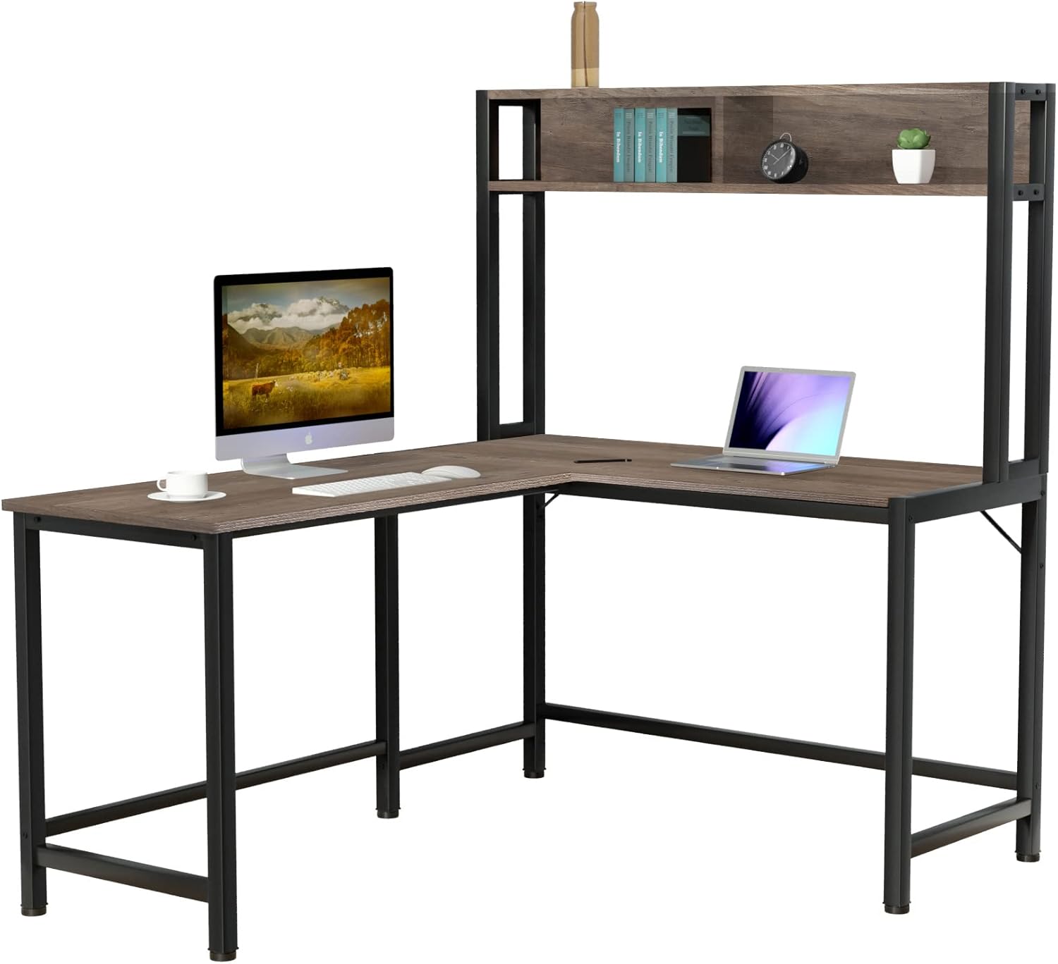 L-Shaped Desk with Hutch, 55 Inch Corner Computer Desk Gaming Table Workstation with Storage Shelves Bookshelf, Study Writing Space Saving Desk for Home Office (Gray)