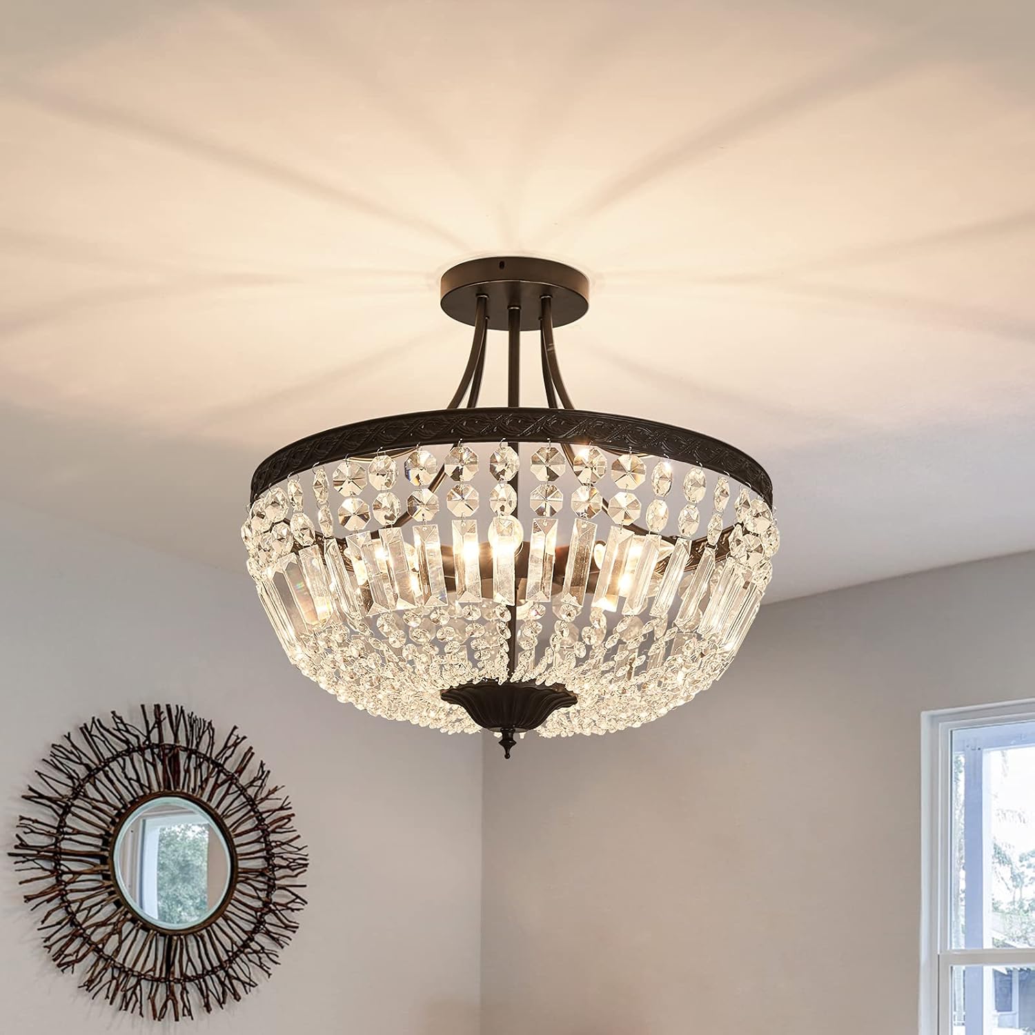YYJLX 5-Light E12 Round Crystal Ceiling Light Fixture &nbsp;Modern Semi Flush Mount Chandelier Ceiling Lamp for Living Room Dining Room Entryway Hallway Foyer&nbsp;Bedroom Laundry Bathroom（Black）