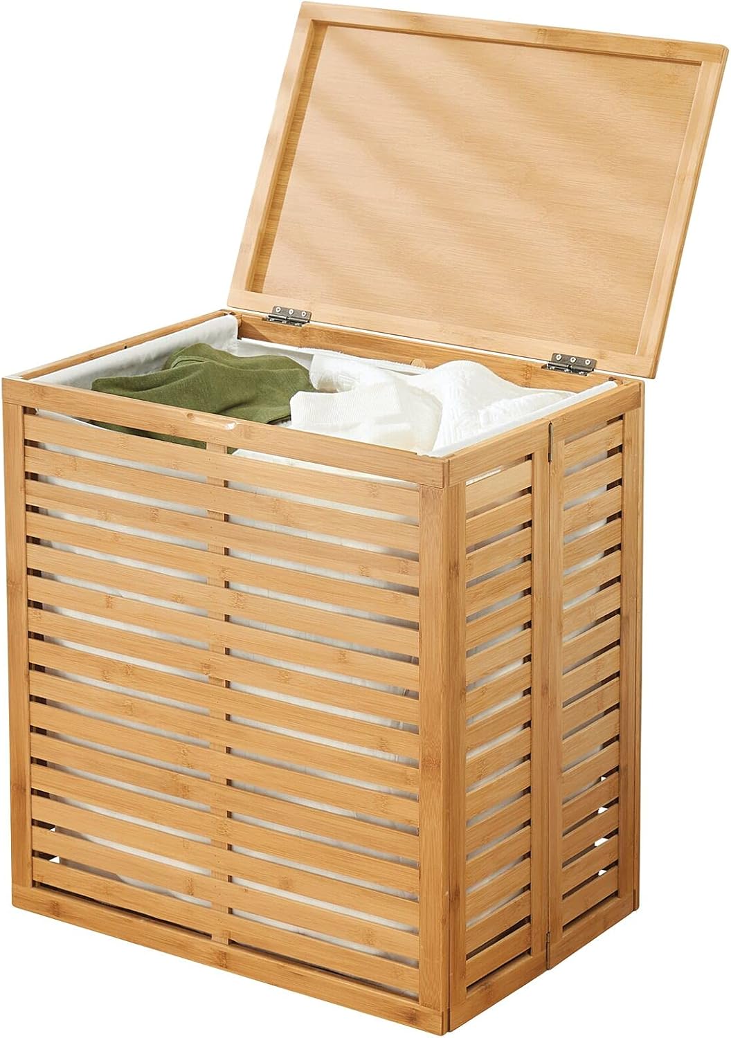 mDesign Bamboo Laundry Hamper Basket with Removable Fabric Liner and Decorative Wood Slats - Portable and Foldable for Compact Storage - Single Hamper Design - Natural Bamboo Pack of 2