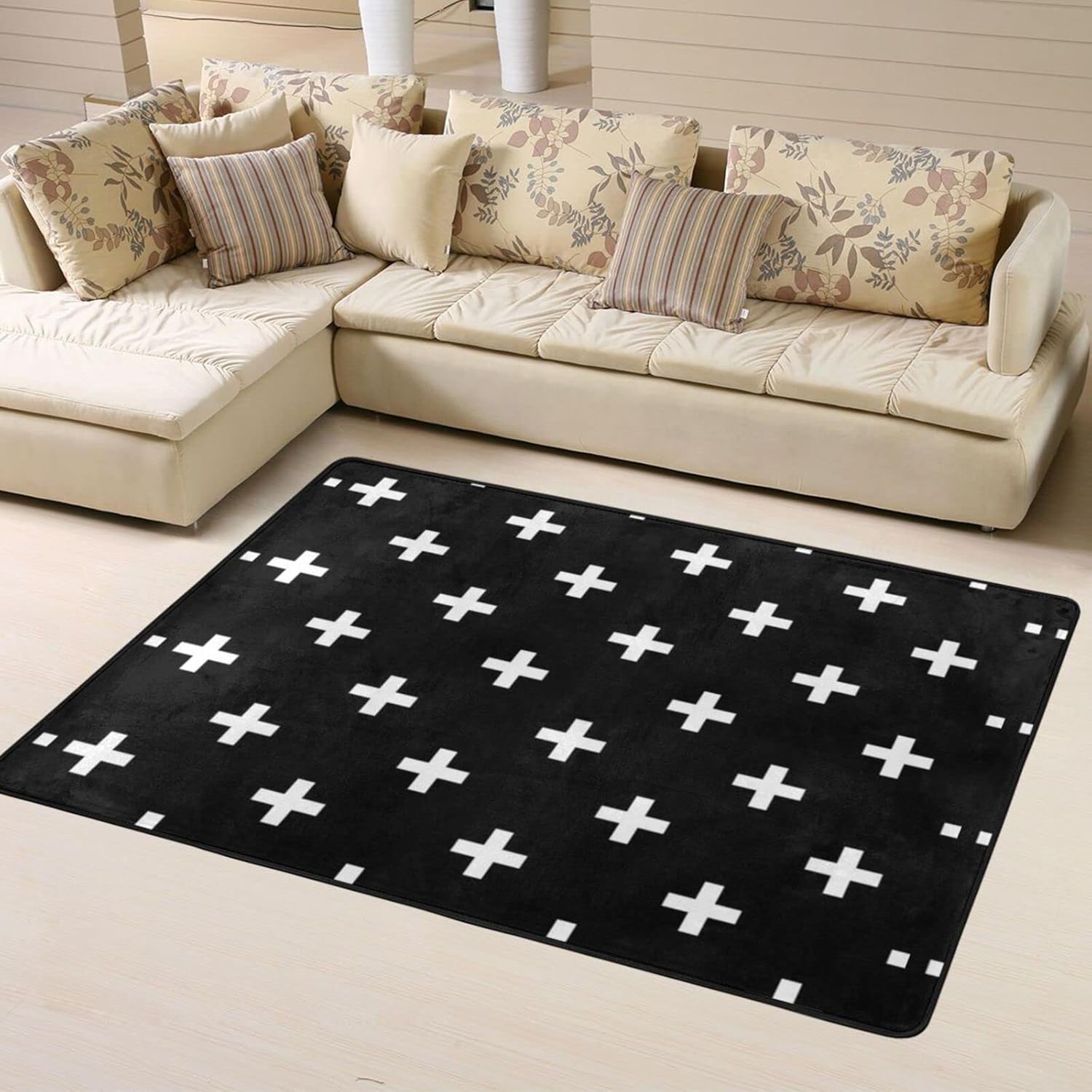 Soft Rug Comfortable Indoor Carpet, Black White Swiss Cross Black Large Area Rugs, Playing Mat for Living Room Bedroom Home Decor Nursery Floor Carpet 63 X 48 Inch