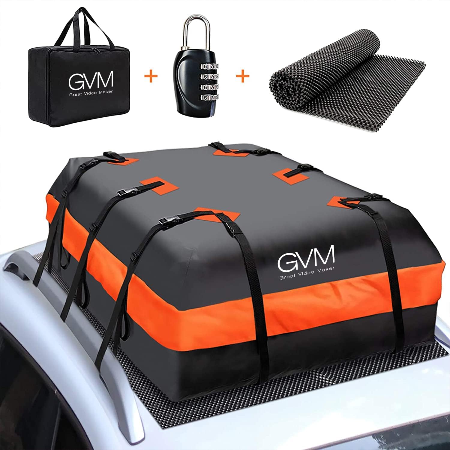 GVM Car Roof Bag Cargo Carrier, Waterproof Rooftop Cargo Carrier with Anti-Slip Mat + Reinforced Straps + Door Hooks Suitable for All Vehicle with/Without Rack